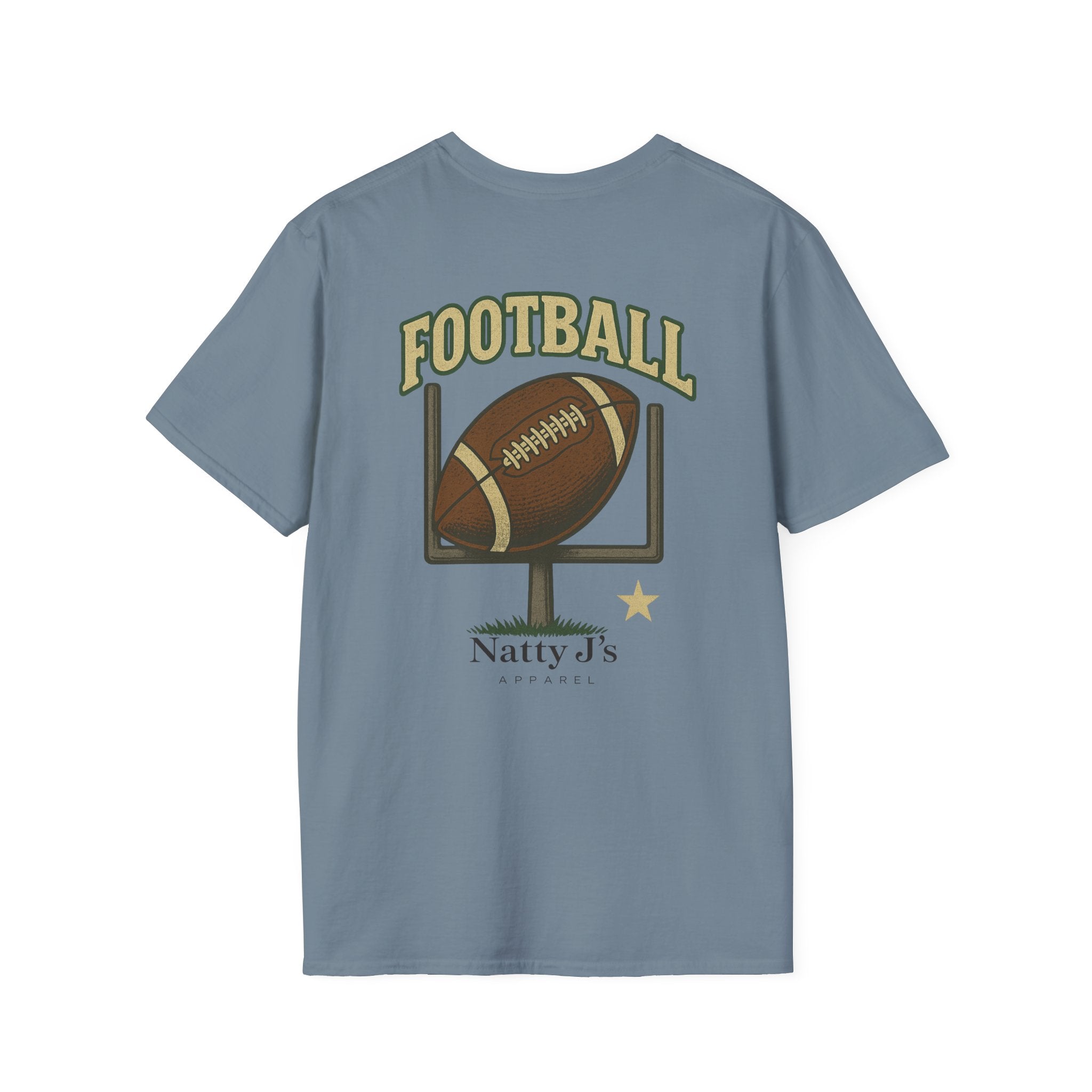 Blue t-shirt with football graphic and 'Natty J's' branding on a white background