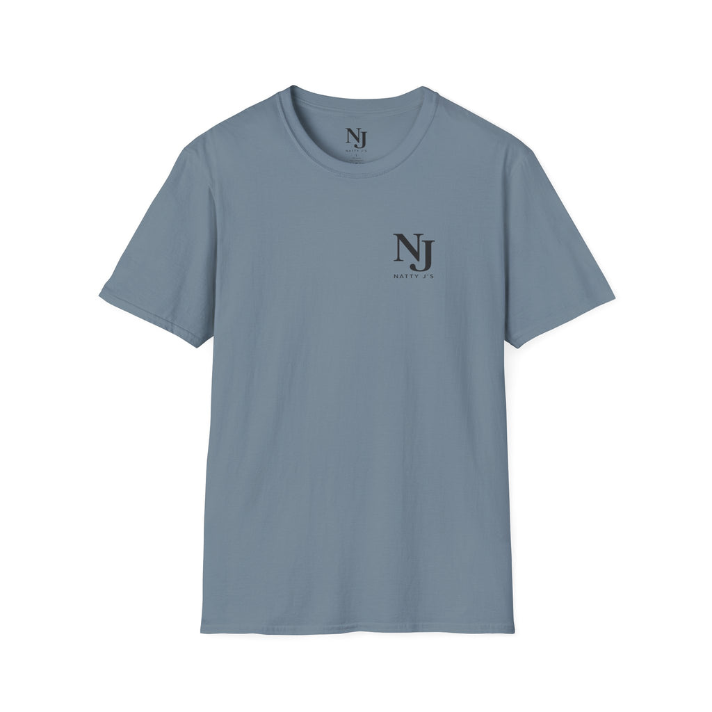Stone Blue t-shirt with Natty J's Apparel left chest logo 'NJ' text and graphic on a white background