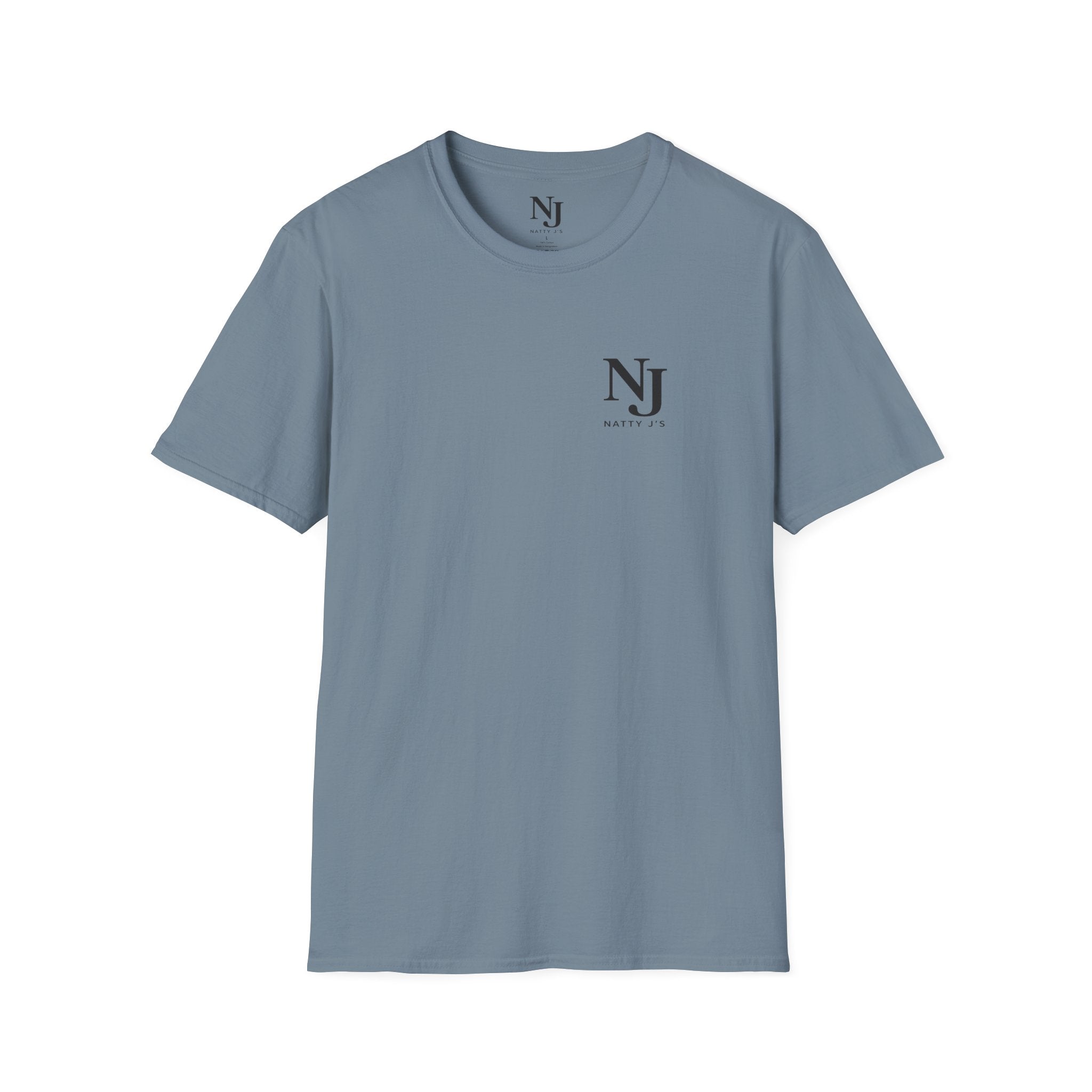 Stone Blue t-shirt with Natty J's Apparel left chest logo 'NJ' text and graphic on a white background