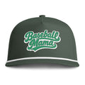 A dark green baseball cap with 'Baseball Mama' embroidered in green and white script on the front, featuring a white stripe along the edge of the brim.
