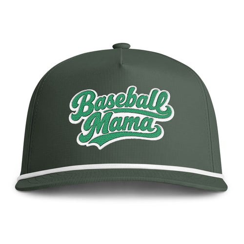 A dark green baseball cap with 'Baseball Mama' embroidered in green and white script on the front, featuring a white stripe along the edge of the brim.