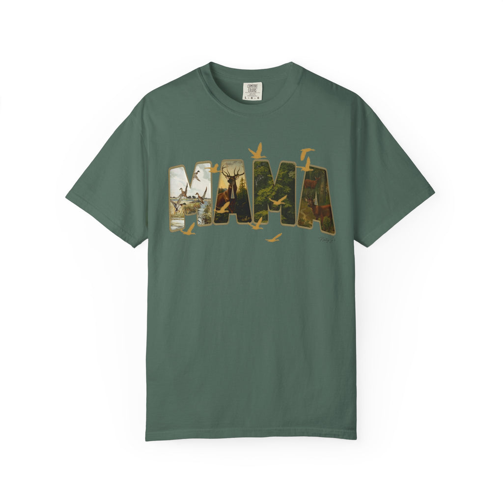 Green t-shirt with 'MAMA' graphic design on a white background