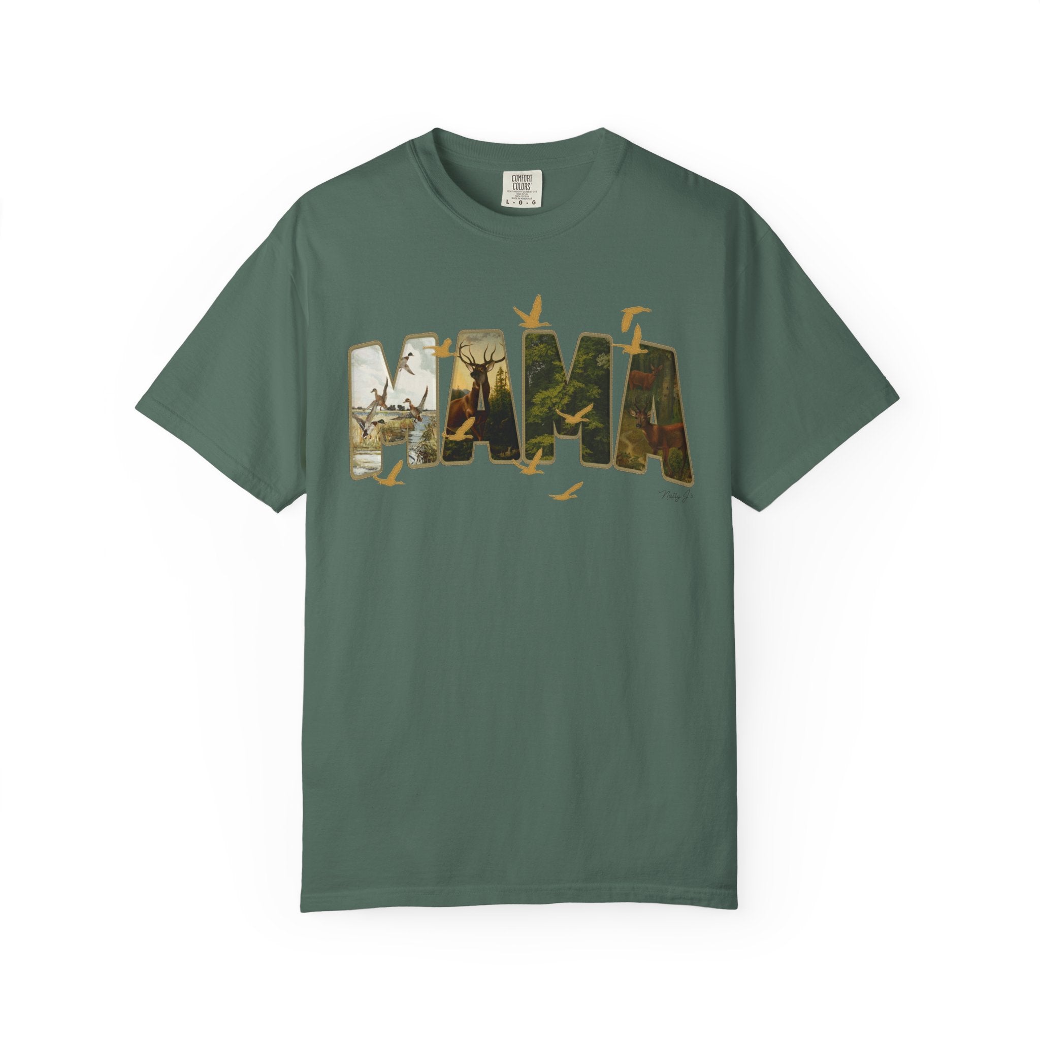 Green t-shirt with 'MAMA' graphic design on a white background