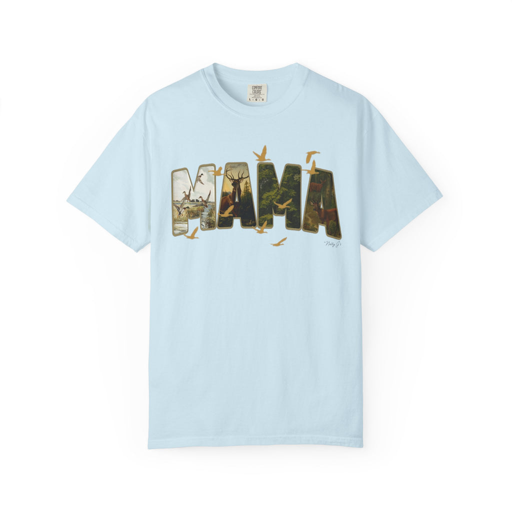 Light blue t-shirt with 'MAMA' graphic design on a white background