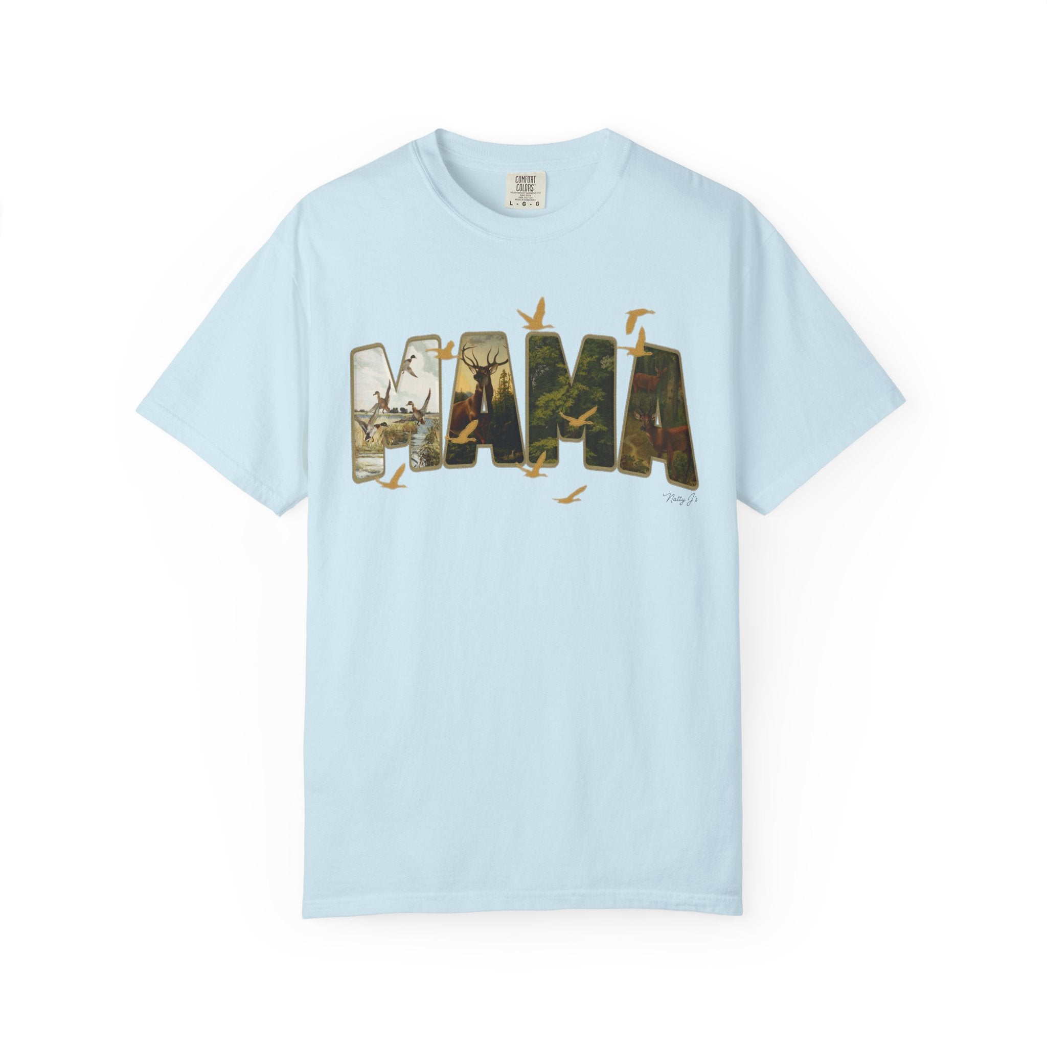Light blue t-shirt with 'MAMA' graphic design on a white background