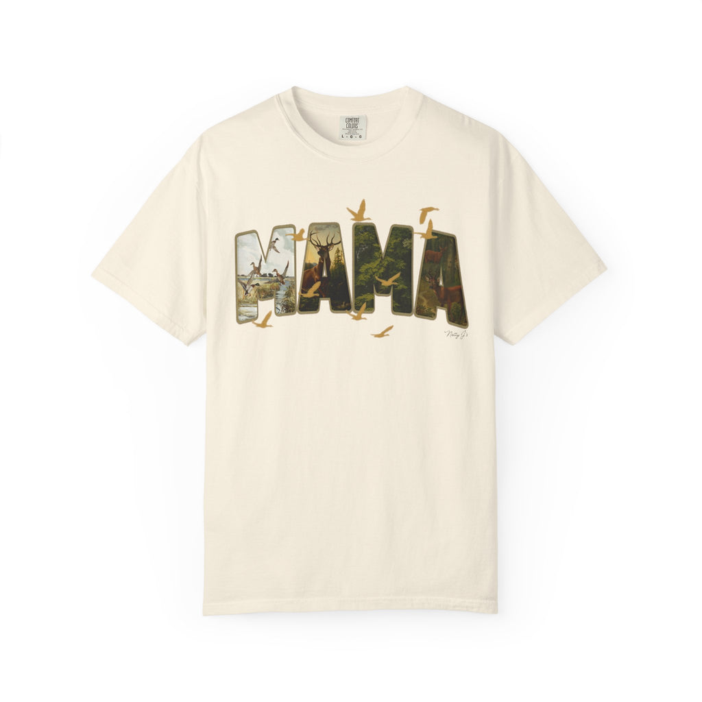 Beige t-shirt with 'MAMA' graphic design on a white background