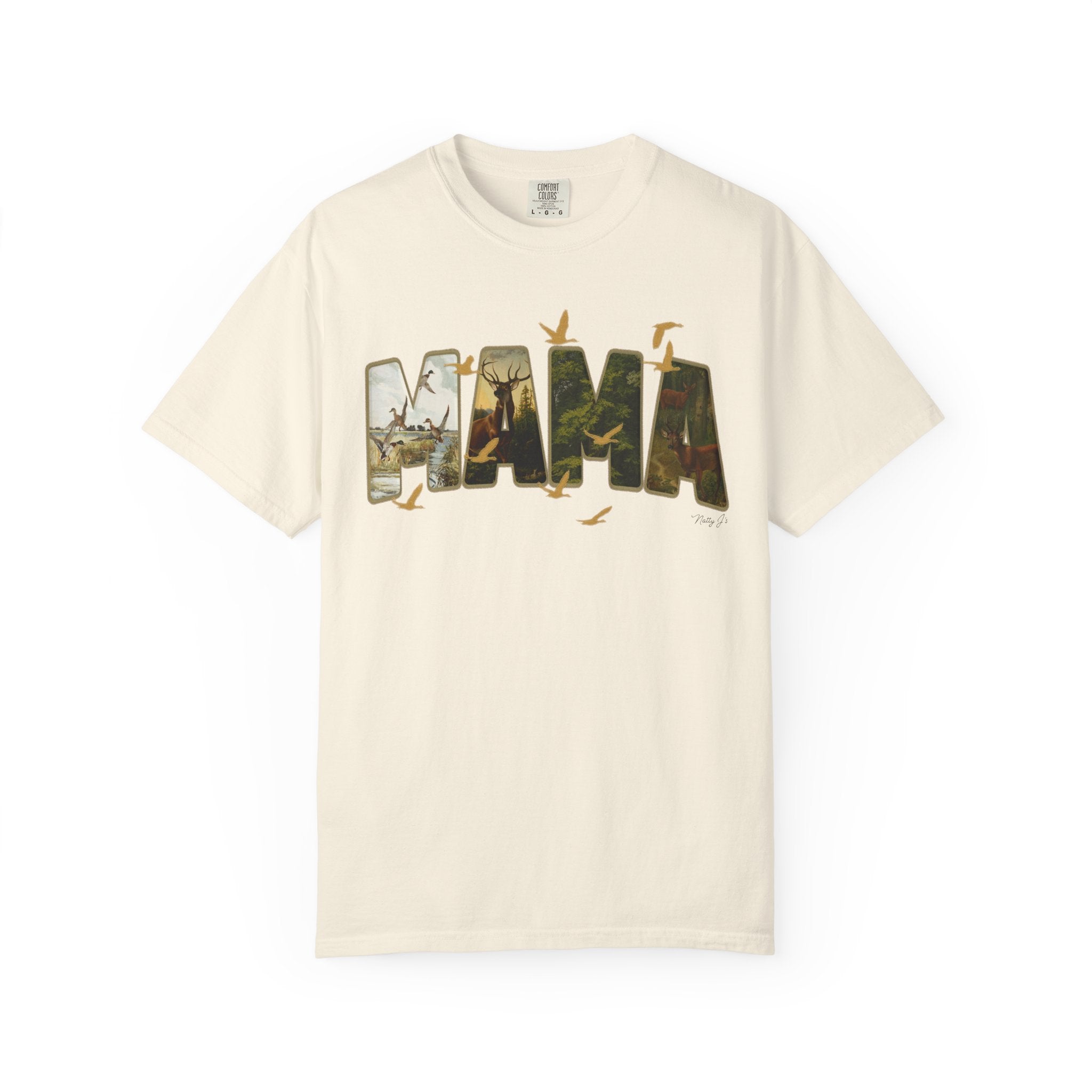 Beige t-shirt with 'MAMA' graphic design on a white background