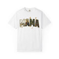 White t-shirt with 'MAMA' graphic design on a white background