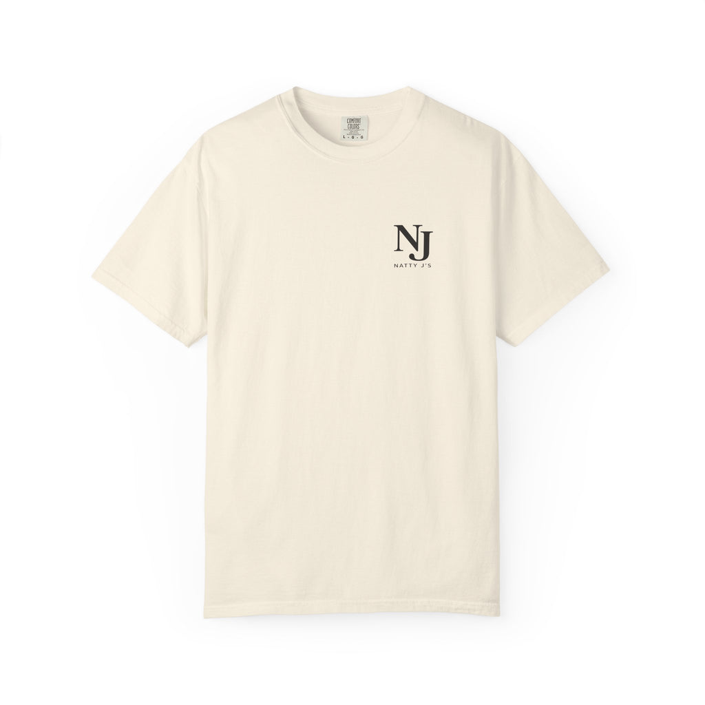 An off-white short-sleeve crewneck t-shirt with a small black 'NJ' logo and 'NATURE'S WAY' text on the left chest, displayed on a clean white background.