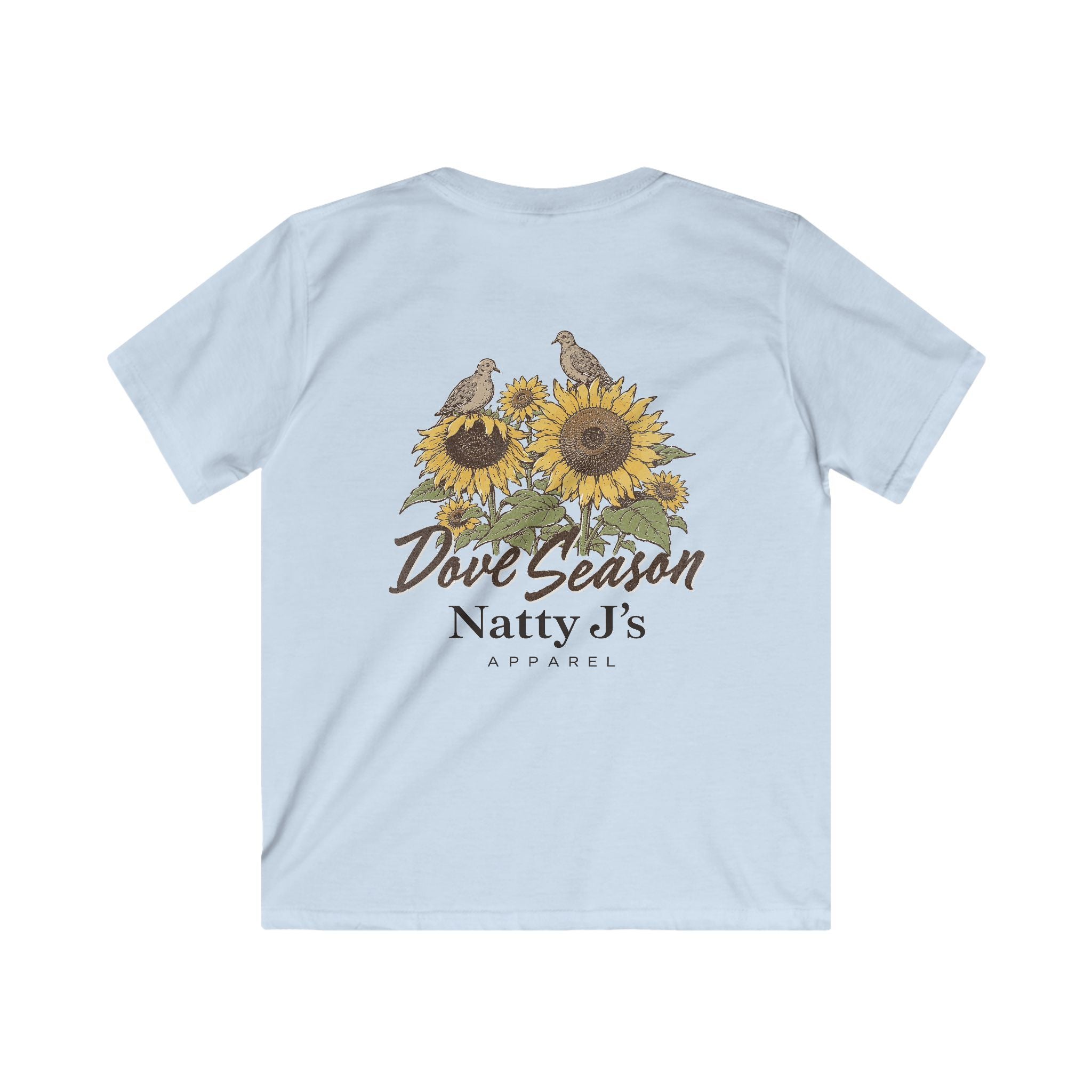 A light blue short-sleeve t-shirt shown from the back, featuring a graphic print of two birds perched on sunflowers with the text 'Dove Season Natty J's APPAREL' in brown.
