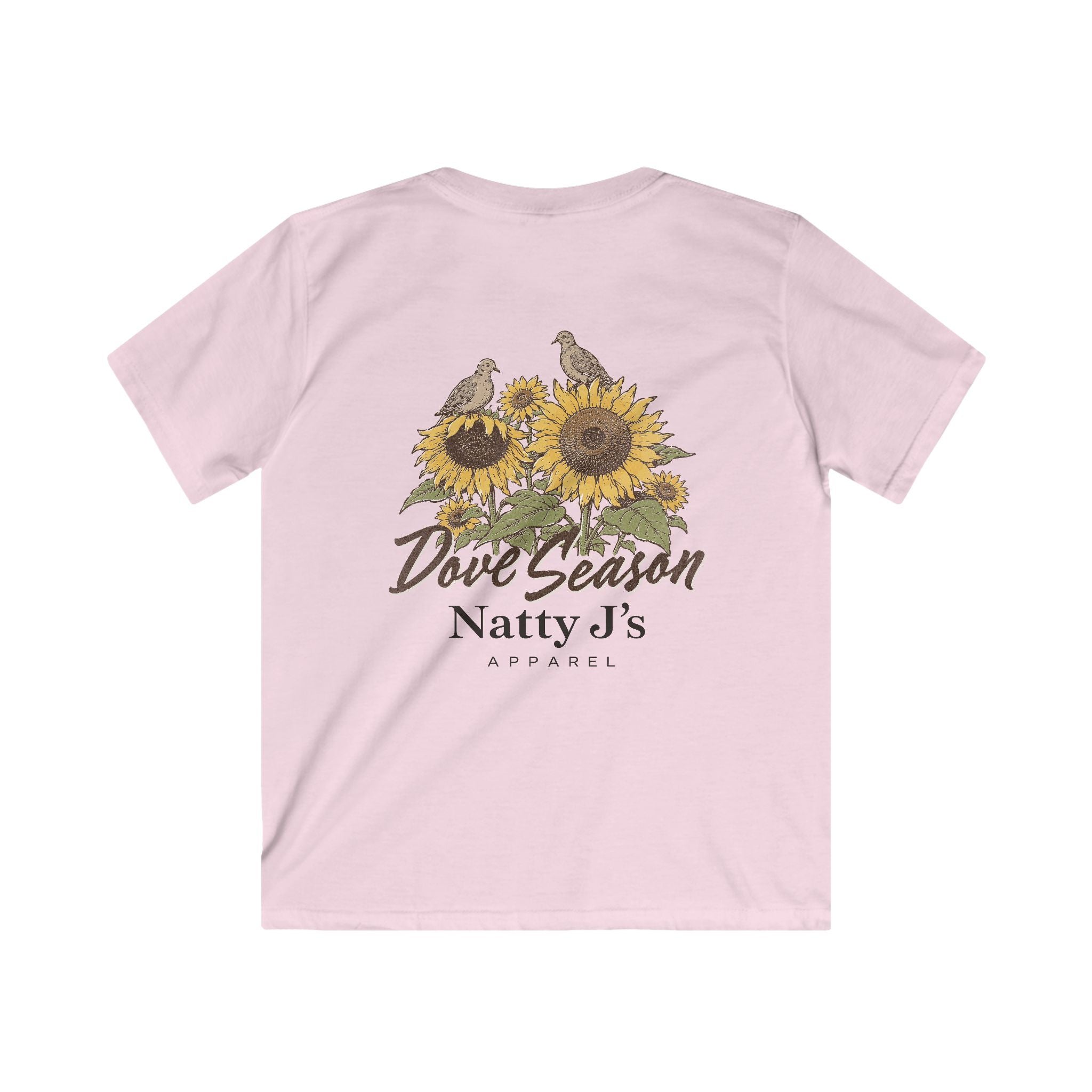 A light pink short-sleeve t-shirt shown from the back, featuring a graphic print of sunflowers, doves, and the text 'Dove Season Natty J's APPAREL'.