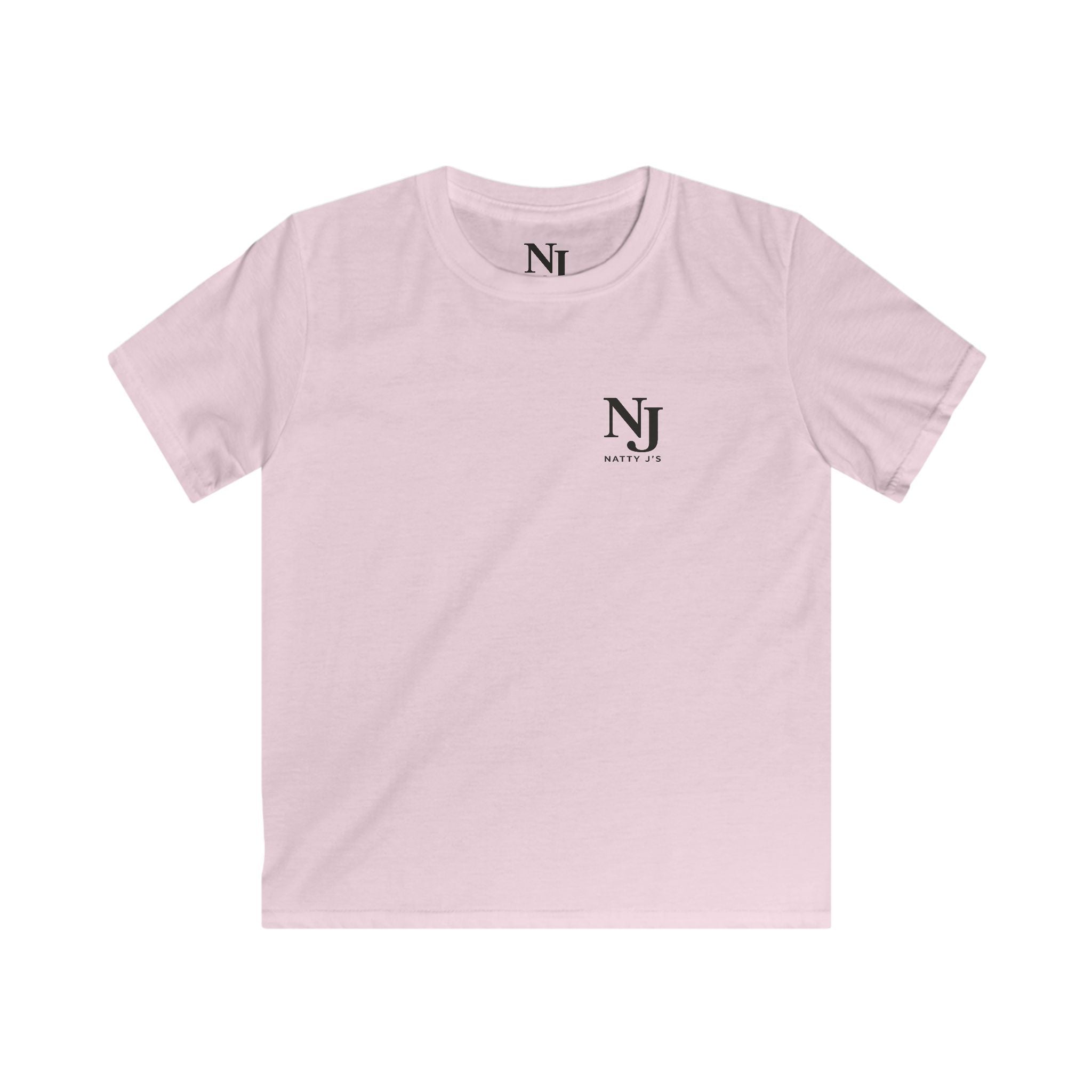 A light pink short-sleeve crewneck t-shirt with a small black 'NJ' logo printed on the left chest, displayed flat against a solid white background.