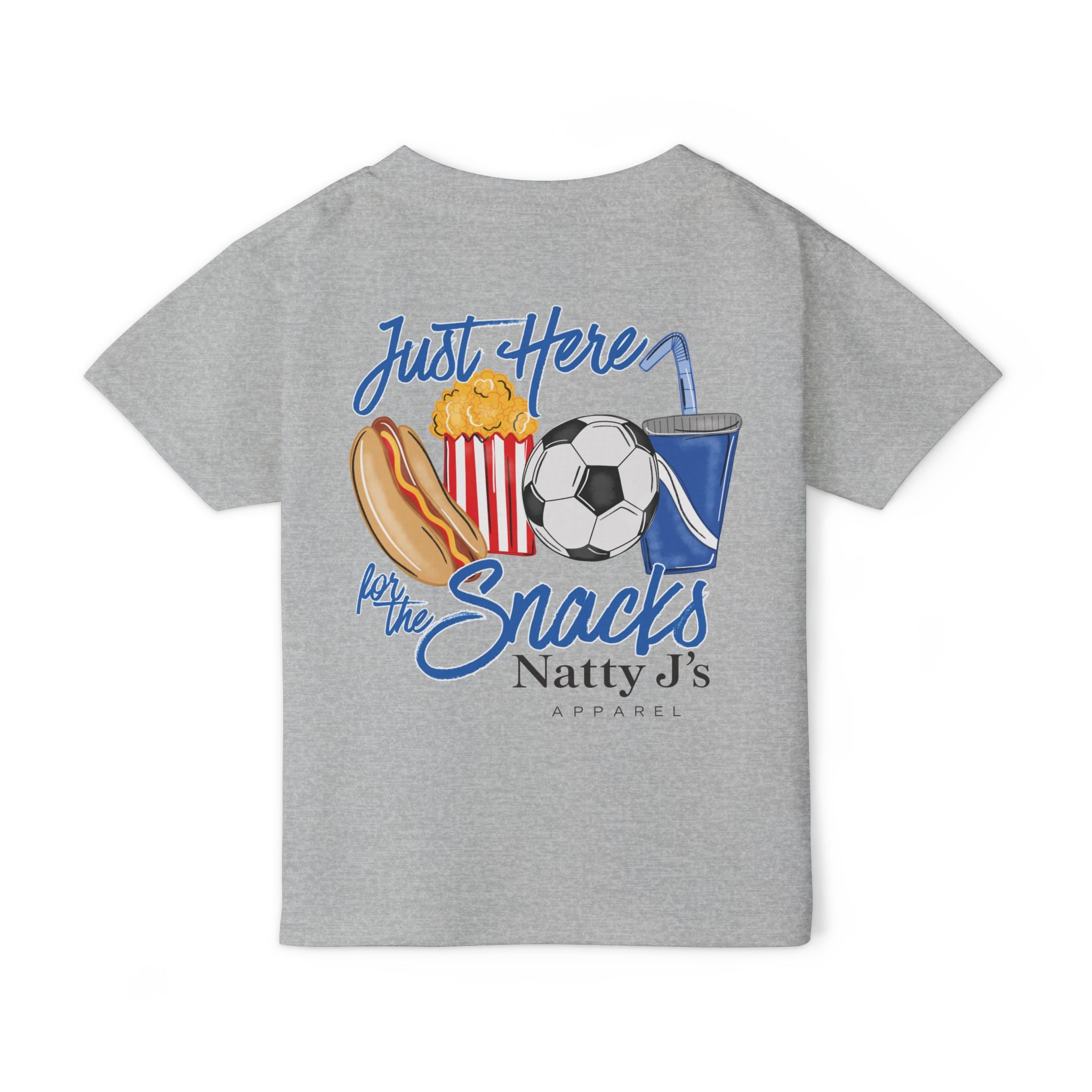 A heather gray short-sleeve t-shirt shown flat against a white background, featuring a colorful graphic print on the back with illustrations of a hot dog, popcorn, soccer ball, and drink, alongside the text 'Just Here for the Snacks' and 'Natty J's APPAREL'.