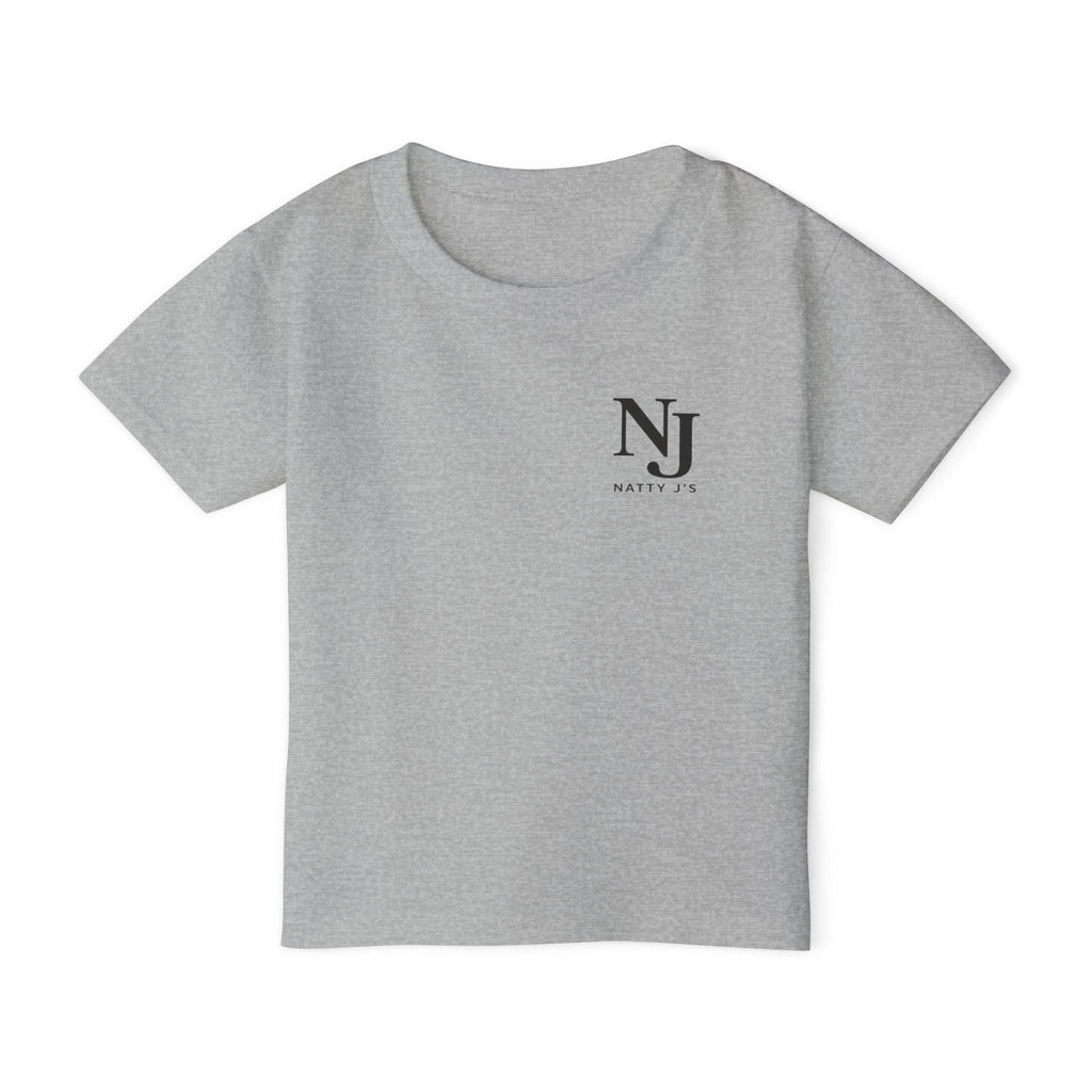 A heather gray short-sleeve t-shirt with a black 'NJ' monogram and 'Natty JS' text printed on the left chest, displayed on a clean white background.