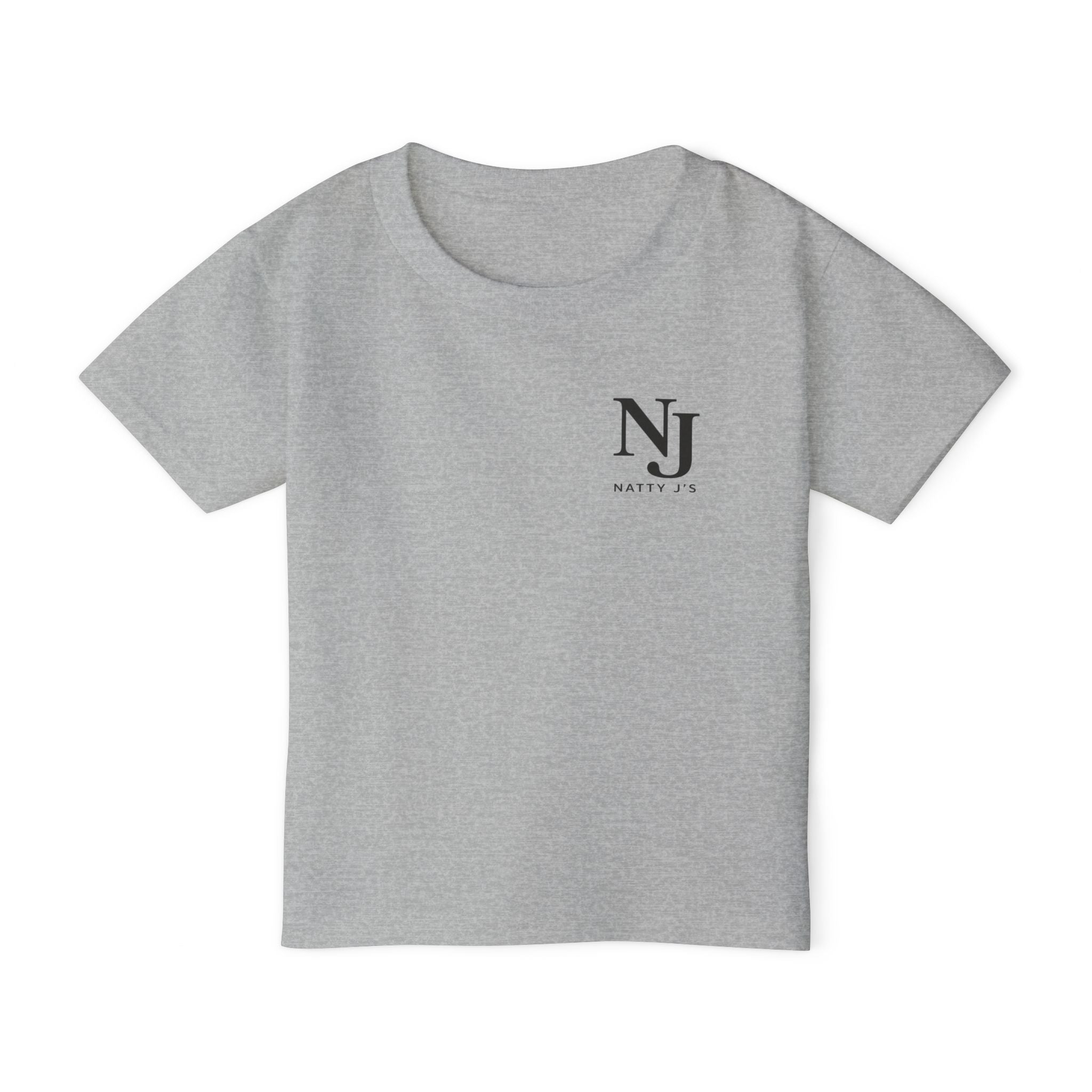 A heather gray short-sleeve t-shirt with a black 'NJ' monogram and 'Natty JS' text printed on the left chest, displayed on a clean white background.