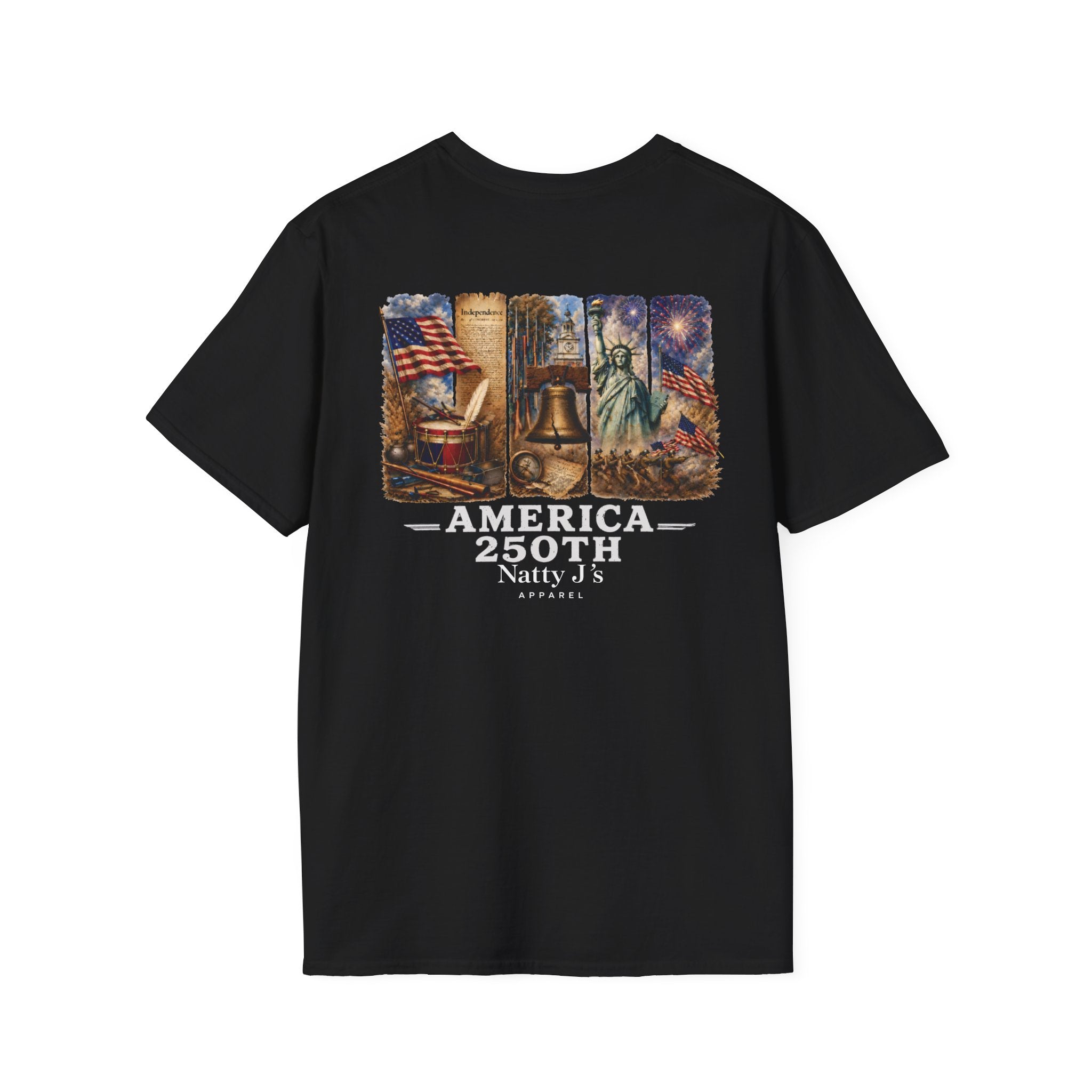 Black t-shirt with 'America 250th' graphic design on a white background