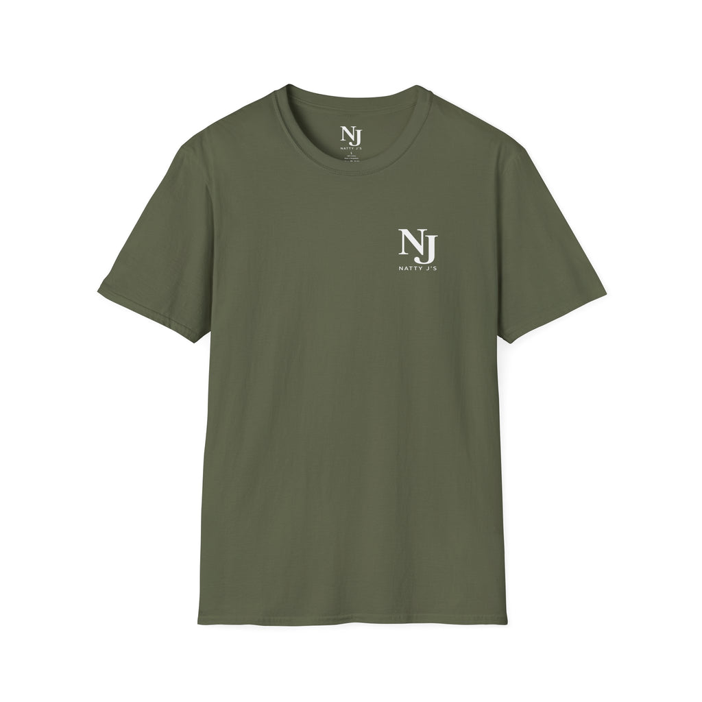 Military green t-shirt with a small graphic on the chest against a white background.