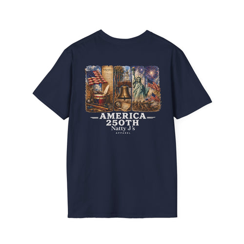 Navy blue t-shirt with American-themed graphic and text on a white background