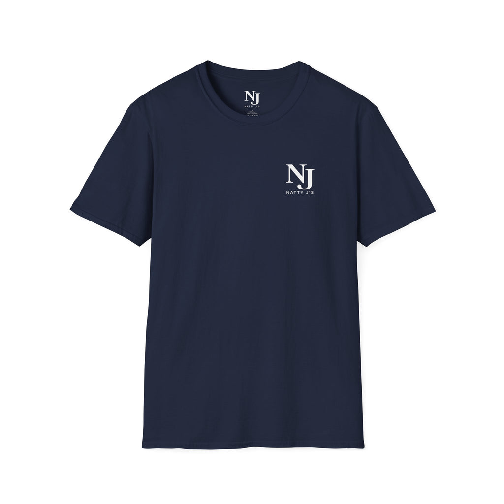 Navy t-shirt with a small graphic on the chest against a white background