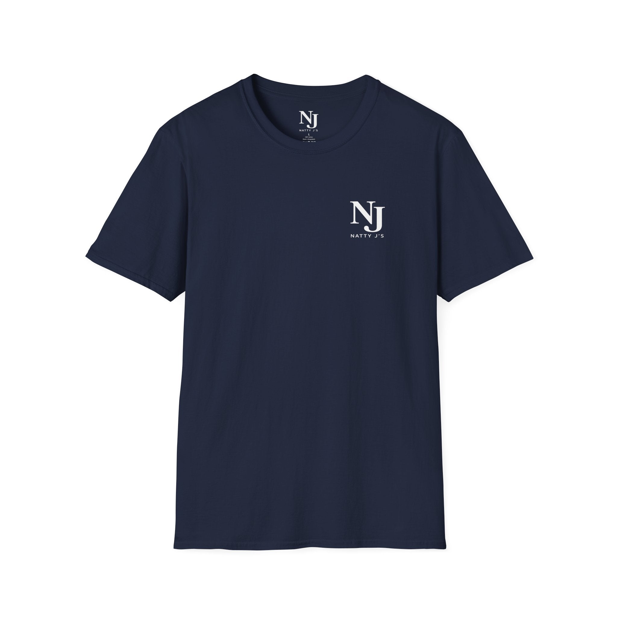 Navy t-shirt with a small graphic on the chest against a white background