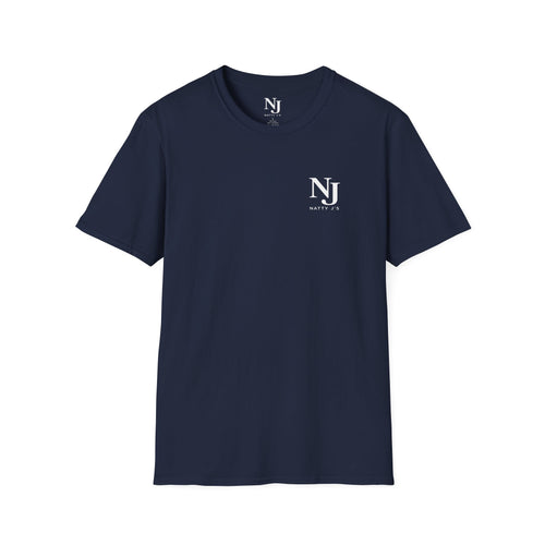 Navy t-shirt with a small graphic on the chest against a white background