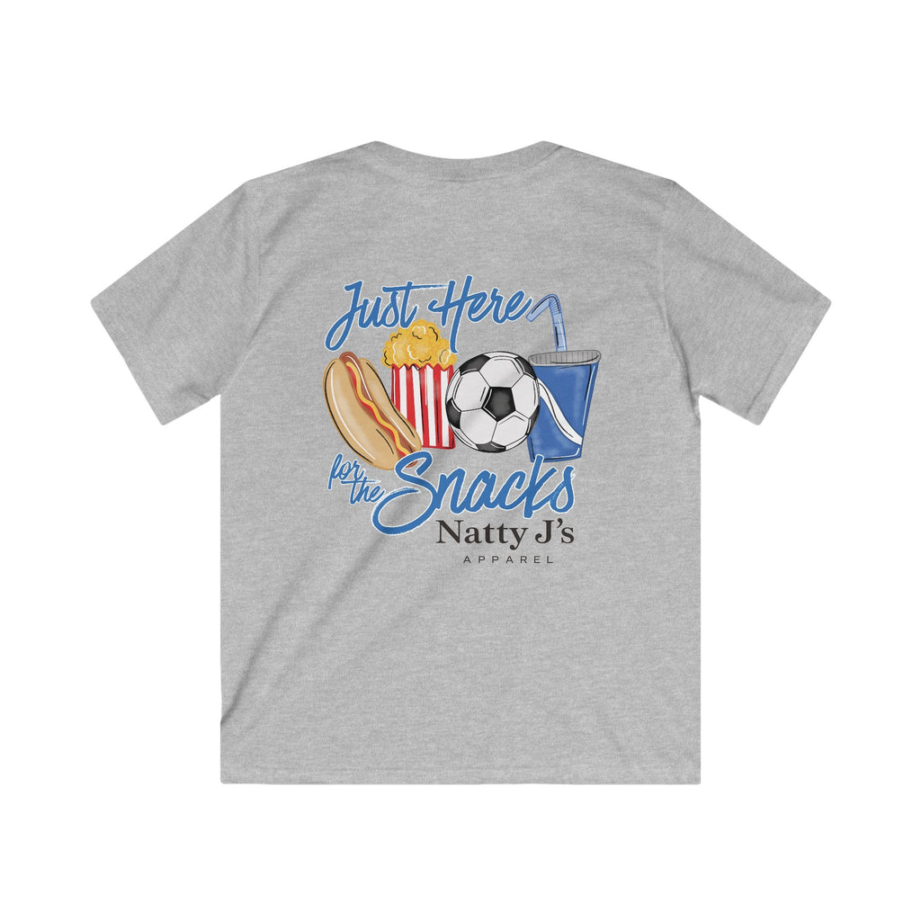 A heather gray short-sleeve t-shirt shown from the back, featuring a colorful graphic print of a hot dog, popcorn, soccer ball, and drink with the text 'Just Here for the Snacks Natty J's APPAREL'.