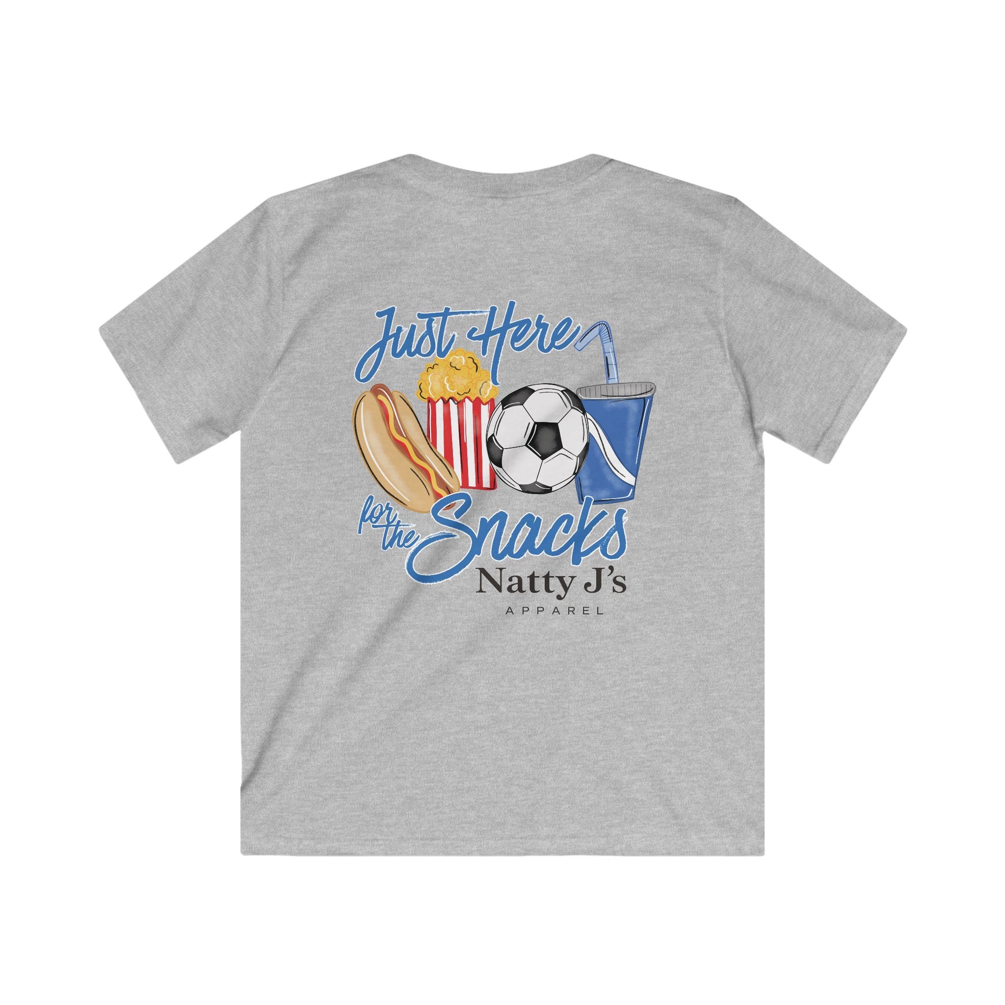 A heather gray short-sleeve t-shirt shown from the back, featuring a colorful graphic print of a hot dog, popcorn, soccer ball, and drink with the text 'Just Here for the Snacks Natty J's APPAREL'.