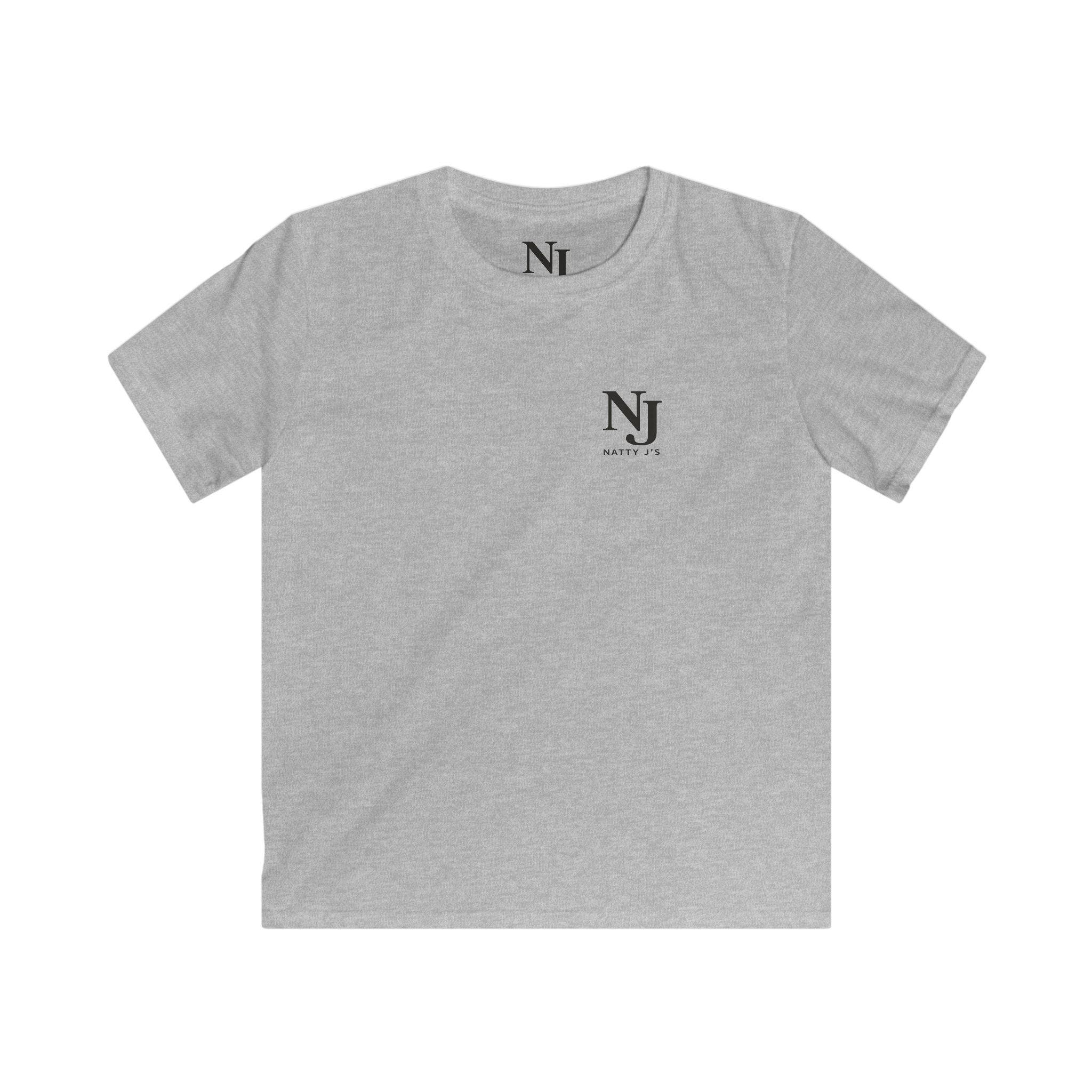Gray t-shirt with a small logo on a white background