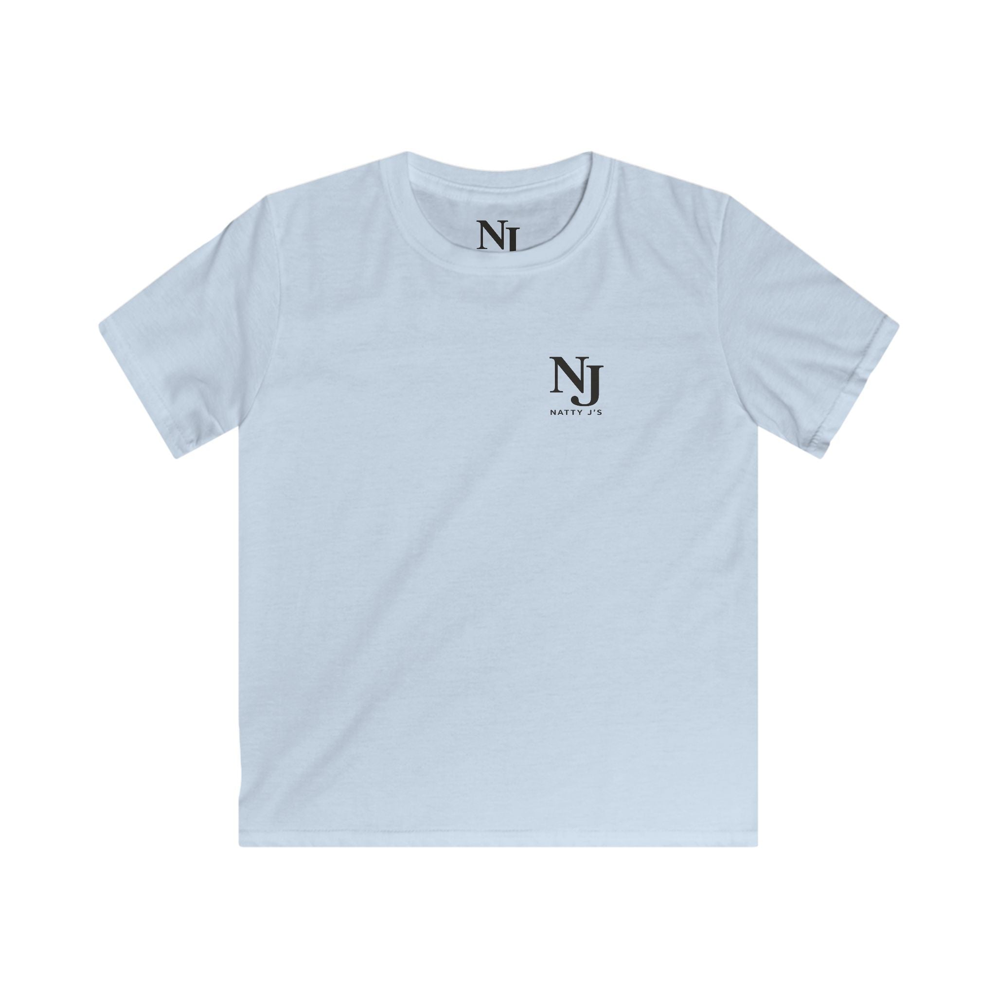 A light blue short-sleeve crewneck t-shirt with a black 'NJ' logo printed on the left chest and a matching logo printed inside the collar, shown on a plain white background.