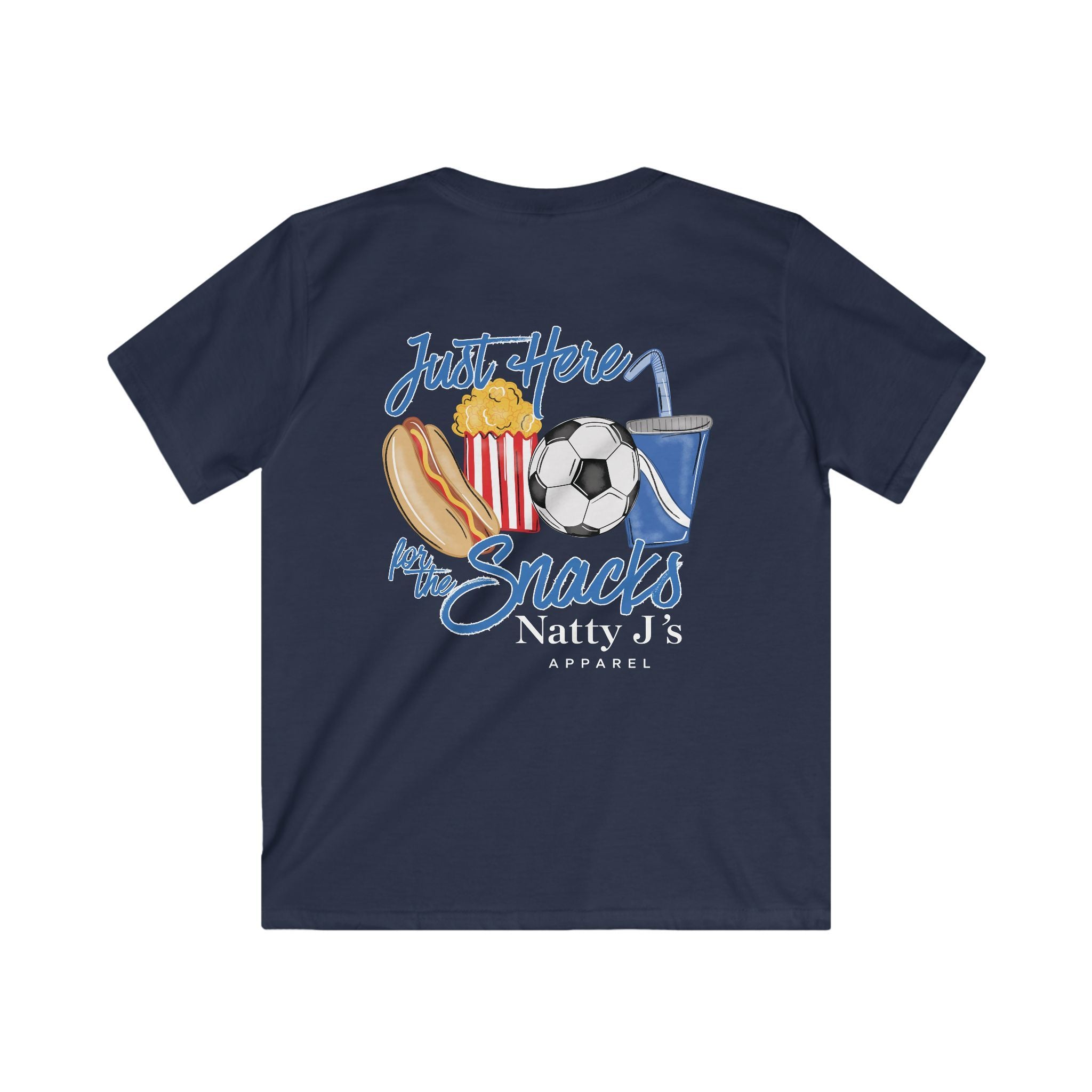 A navy blue short-sleeve t-shirt shown from the back, featuring a colorful graphic print of a hot dog, popcorn, soccer ball, and drink cup with the text 'Just Here My Snacks Natty J's APPAREL'.