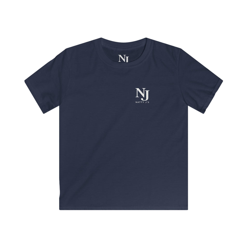A navy blue short-sleeve crewneck t-shirt with a small white graphic logo on the left chest, displayed flat against a solid white background.