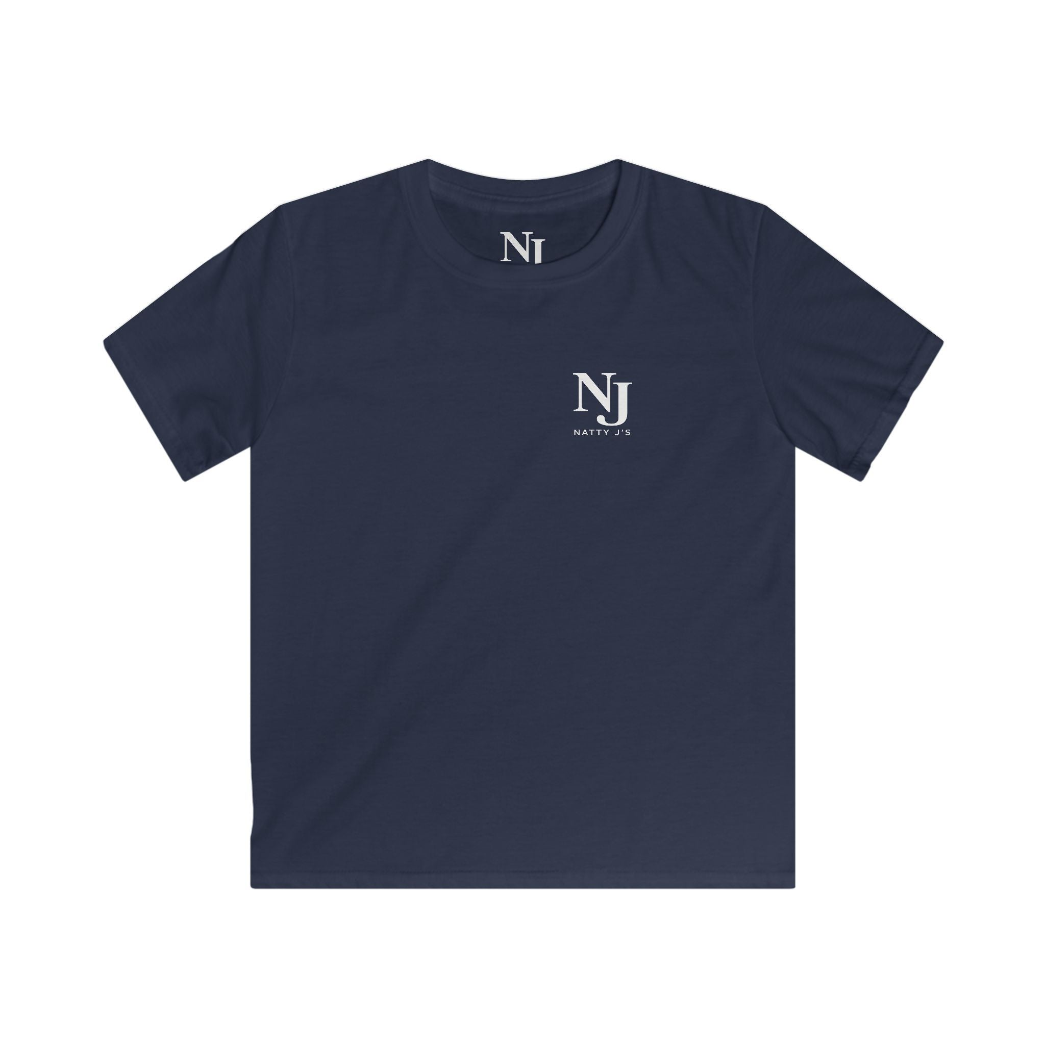 A navy blue short-sleeve crewneck t-shirt with a small white graphic logo on the left chest, displayed flat against a solid white background.