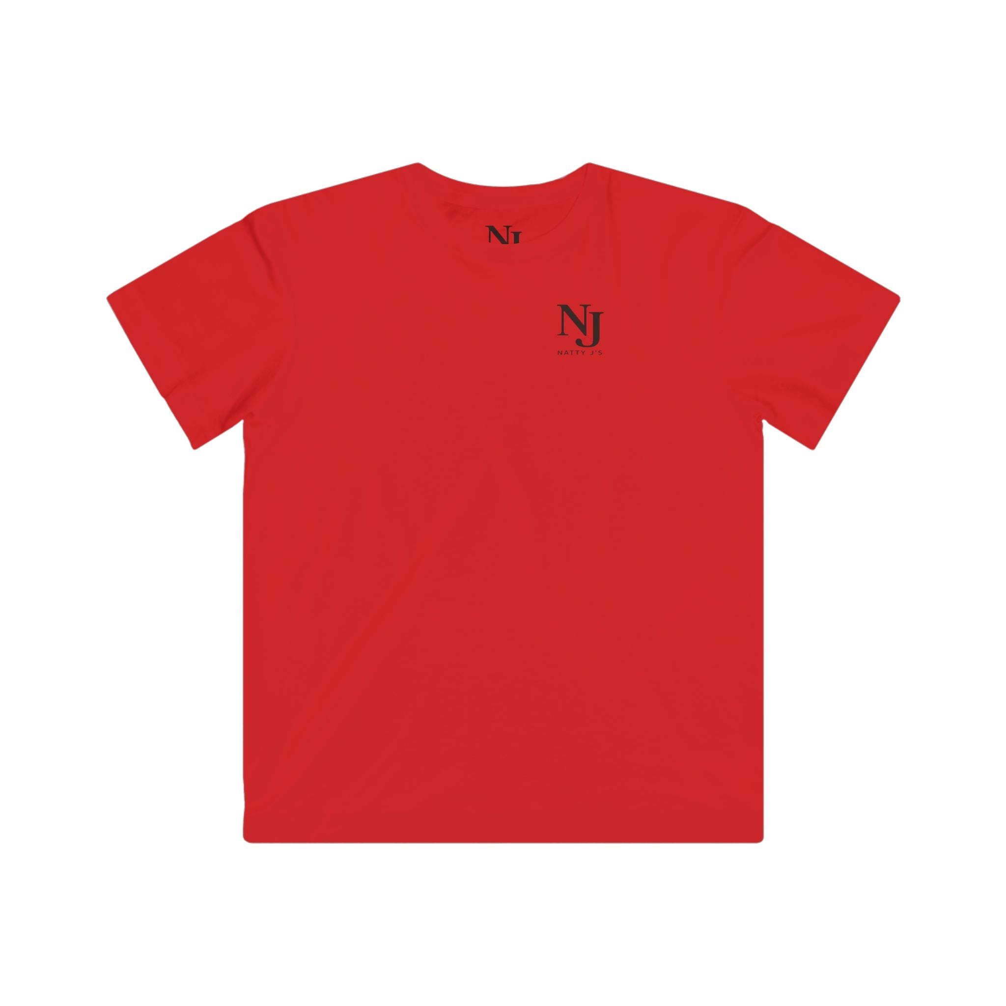 Red t-shirt with a small black 'NJ NattyJ's' Left Chest logo on the chest against a white background