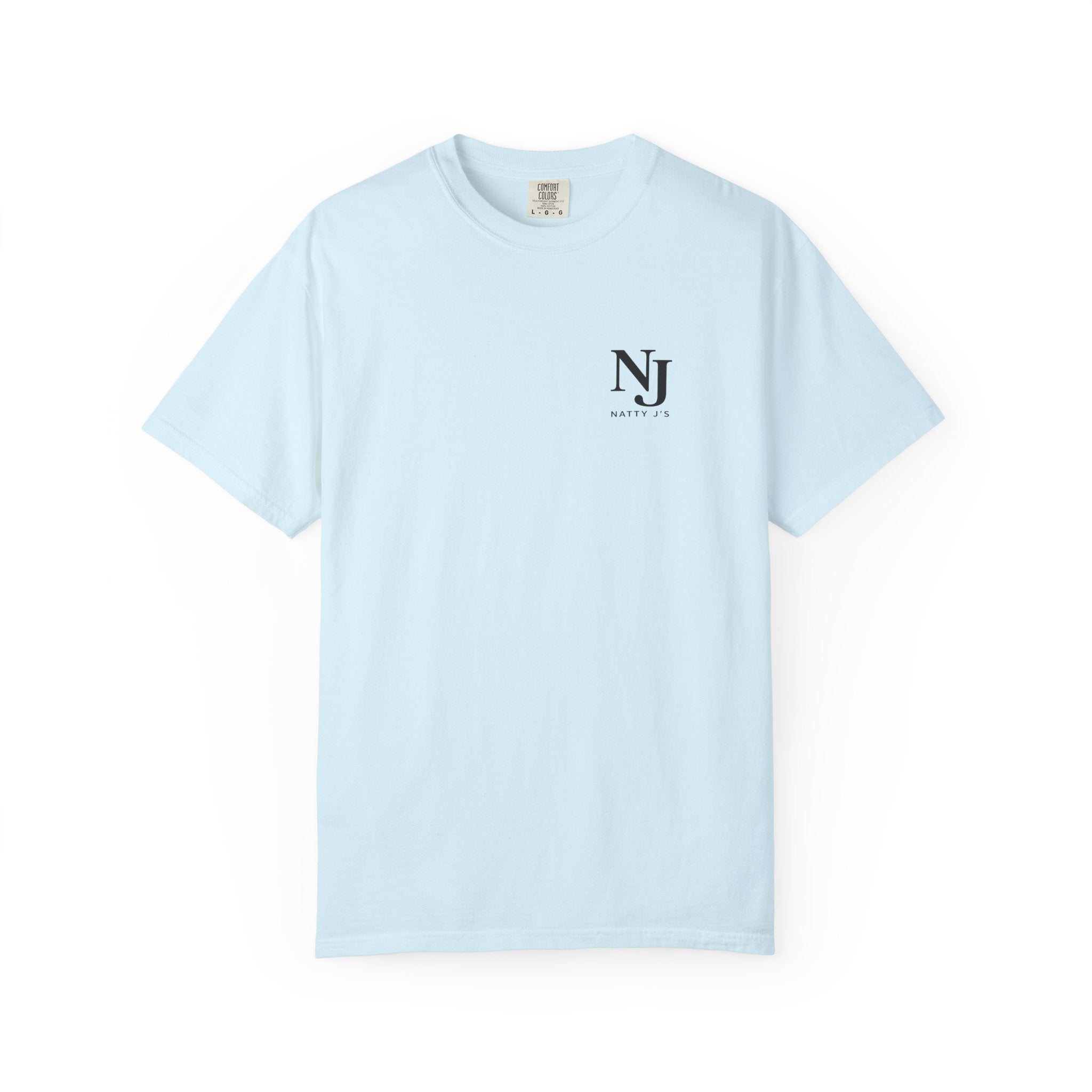A light blue short-sleeve crewneck t-shirt with a small black cross printed on the left chest, displayed flat against a solid white background.