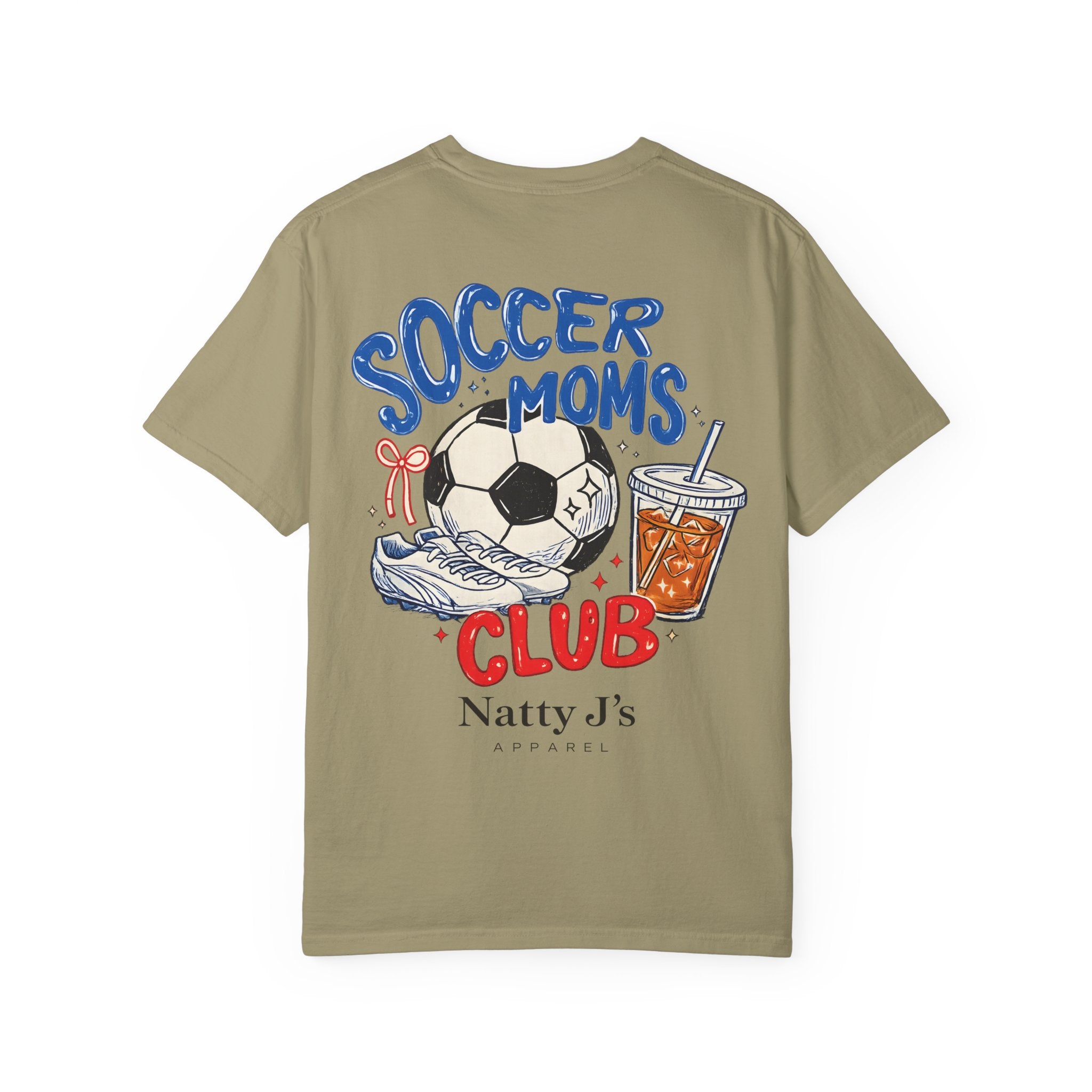 An olive green short-sleeve t-shirt with a colorful graphic on the front featuring a soccer ball, sneaker, drink, and the text 'SOCCER MOMS CLUB' and 'Natty J's APPAREL'.