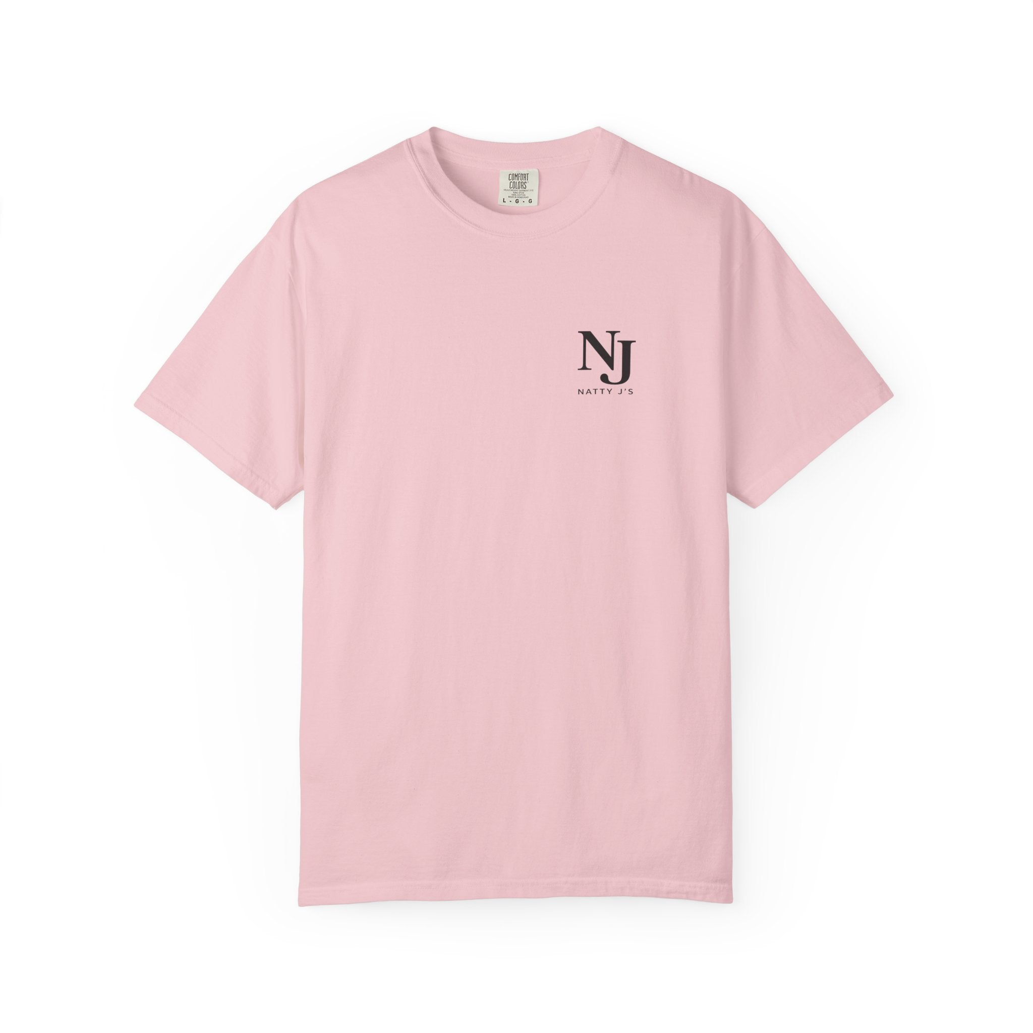 A light pink short-sleeve crewneck t-shirt with a small black 'NJ' logo and text printed on the left chest, displayed on a clean white background.