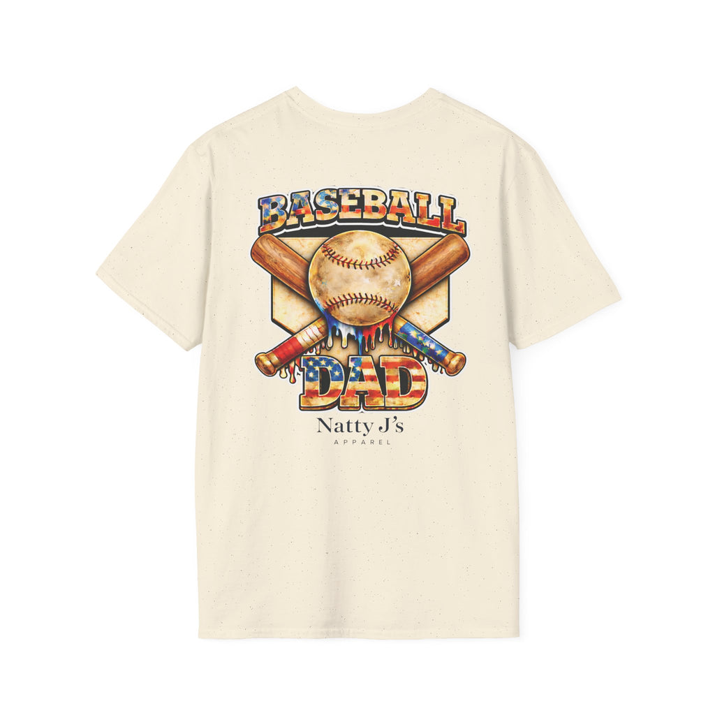 Beige t-shirt with baseball-themed graphic and 'Natty J's Apparel' branding