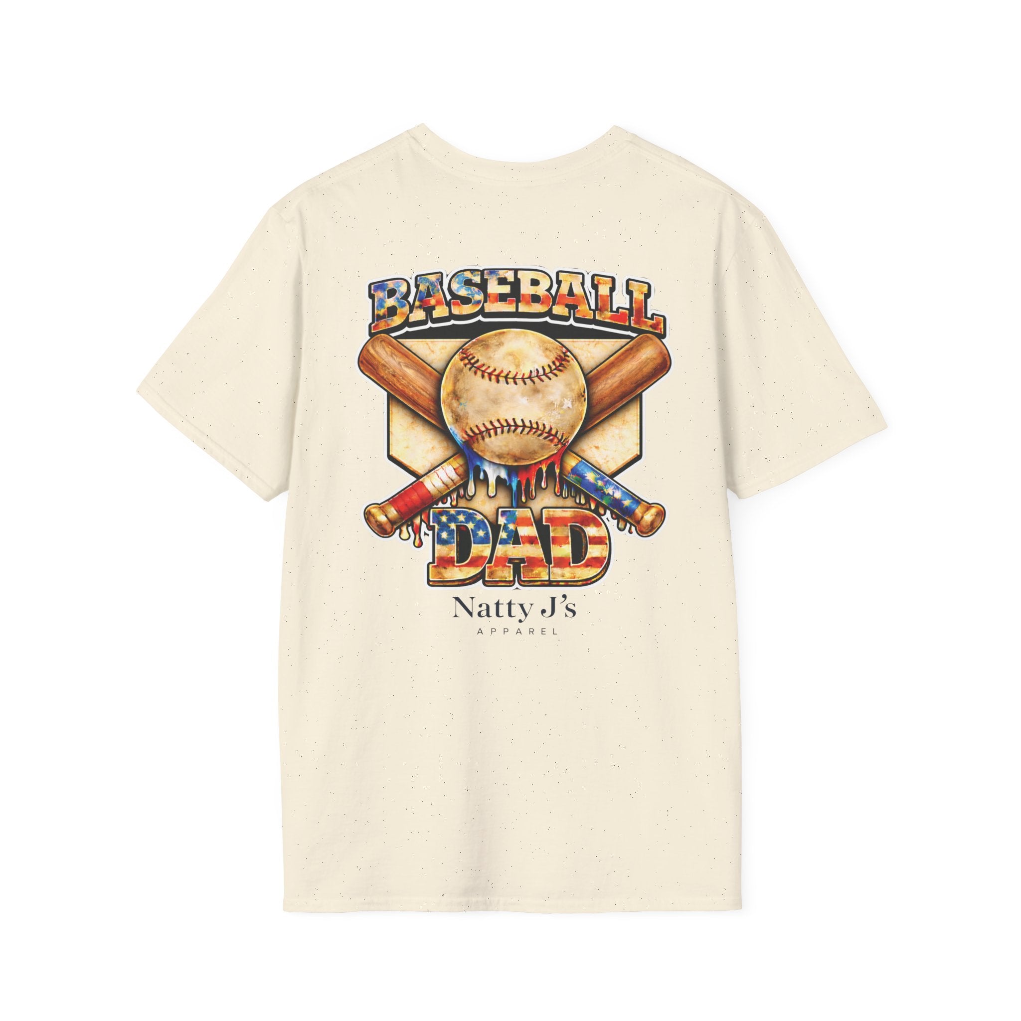 Beige t-shirt with baseball-themed graphic and 'Natty J's Apparel' branding