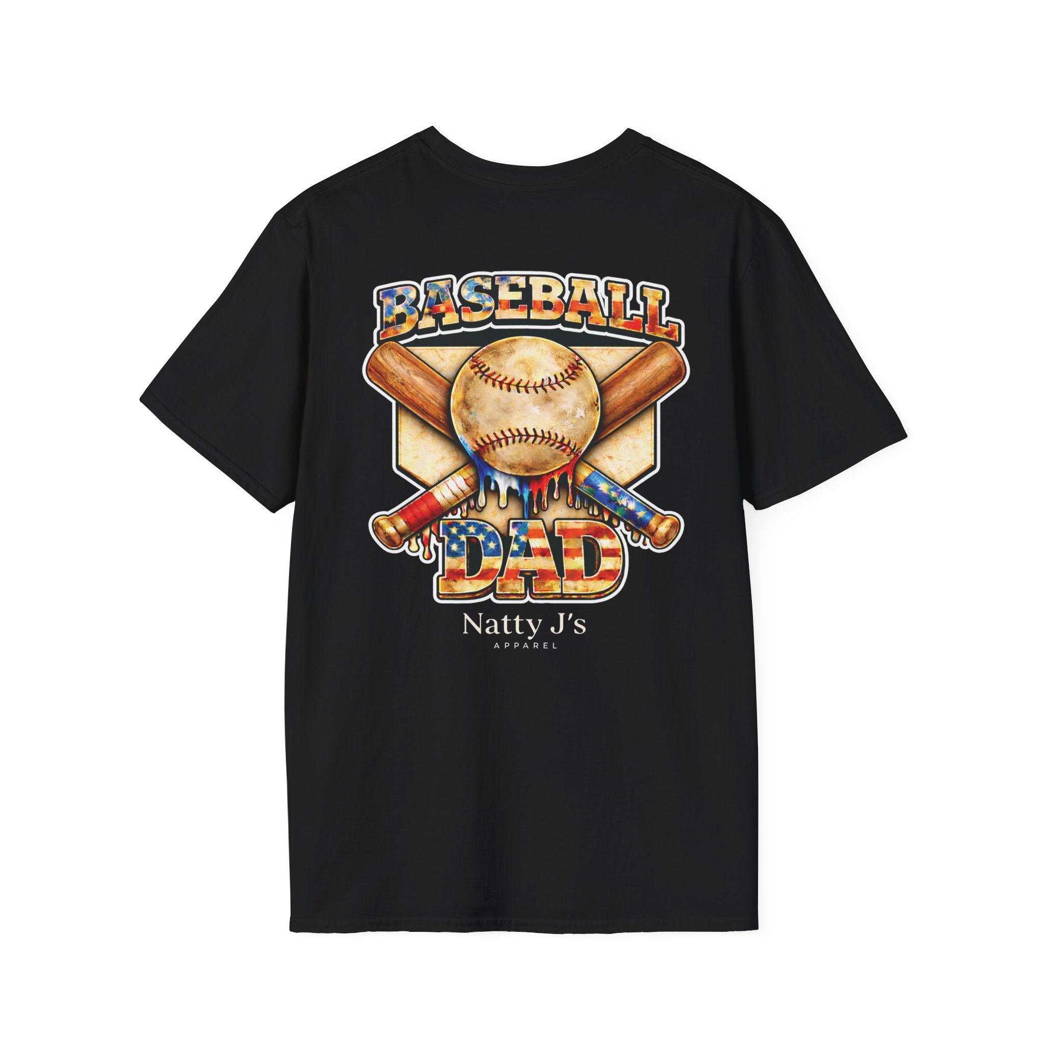Black t-shirt with baseball-themed design and 'Natty J's Apparel' branding 