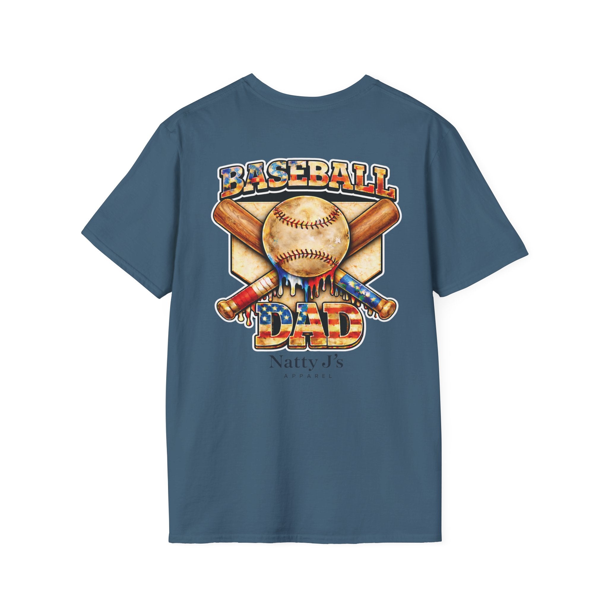 Blue (Stone Blue) t-shirt with Baseball Dad baseball-themed graphic featuring 'Natty J's Apparel' Branding 