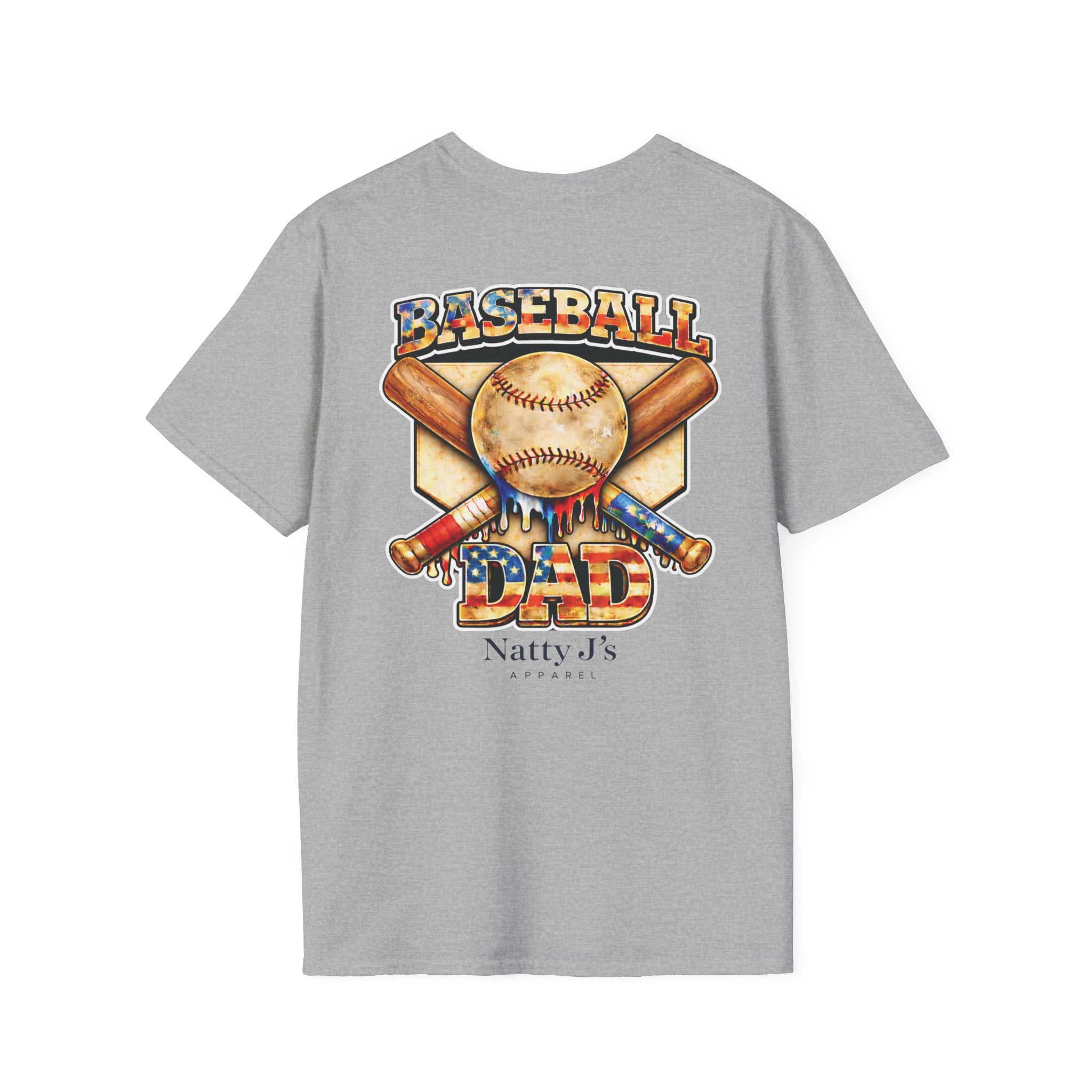 Gray t-shirt with Baseball Dad patriotic baseball-themed design Featuring 'Natty J's Apparel' branding