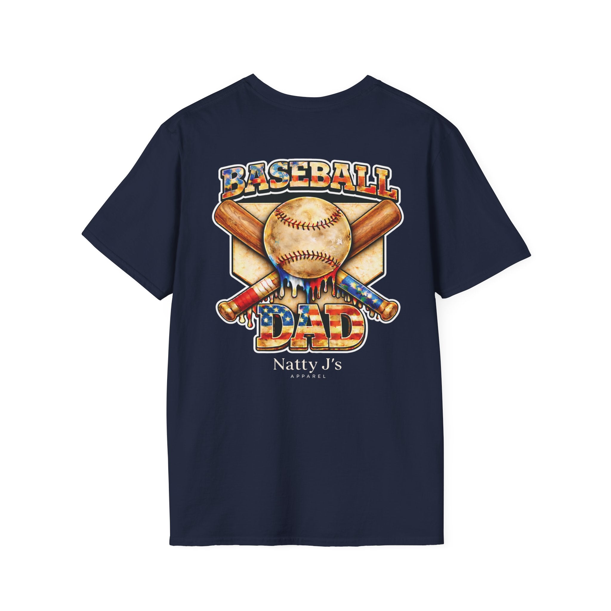 Navy blue t-shirt with Baseball dad baseball-themed design and 'Baseball Dad' text Featuring 'Natty J's Apparel' Branding