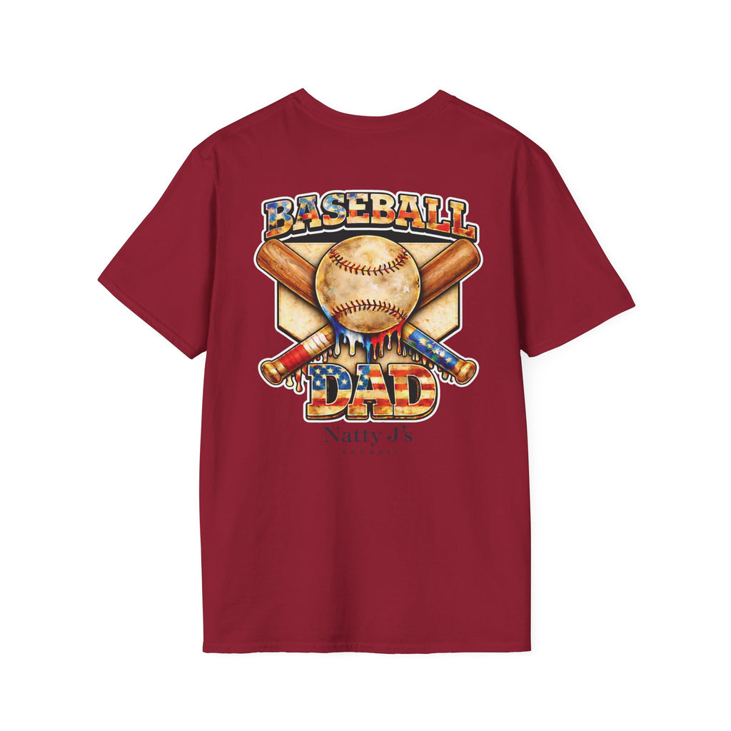 Red t-shirt with 'Baseball Dad' graphic design featuring 'Natty J's Apparel' branding