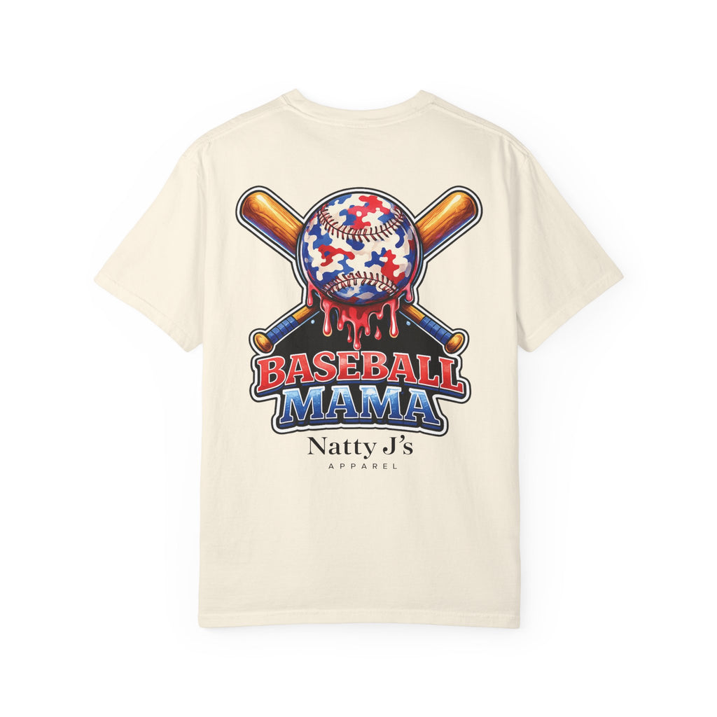 Beige (Ivory) patriotic baseball mama shirt with red white blue baseball and crossed bats on cream t-shirt
womens baseball mom shirt with patriotic graphic and dripping baseball design
baseball mama graphic tee for women with american flag colors
game day shirt for baseball moms with bold red white blue design
sports mom shirt with baseball and bat graphic for tournament season Featuring NattyJ's Apparel