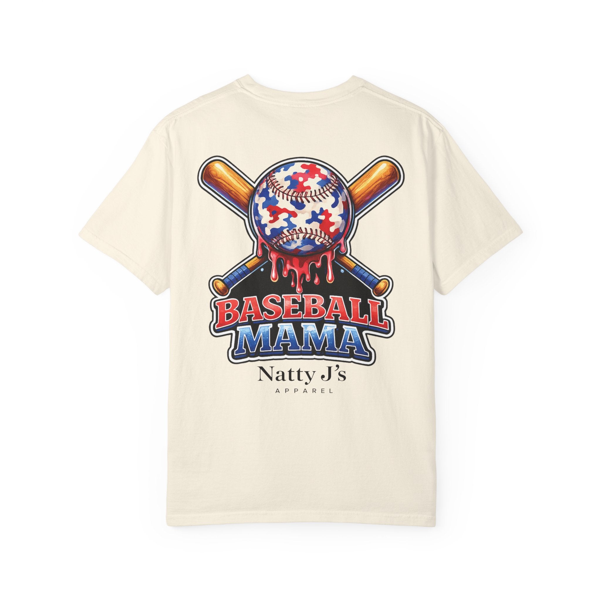 Beige (Ivory) patriotic baseball mama shirt with red white blue baseball and crossed bats on cream t-shirt
womens baseball mom shirt with patriotic graphic and dripping baseball design
baseball mama graphic tee for women with american flag colors
game day shirt for baseball moms with bold red white blue design
sports mom shirt with baseball and bat graphic for tournament season Featuring NattyJ's Apparel