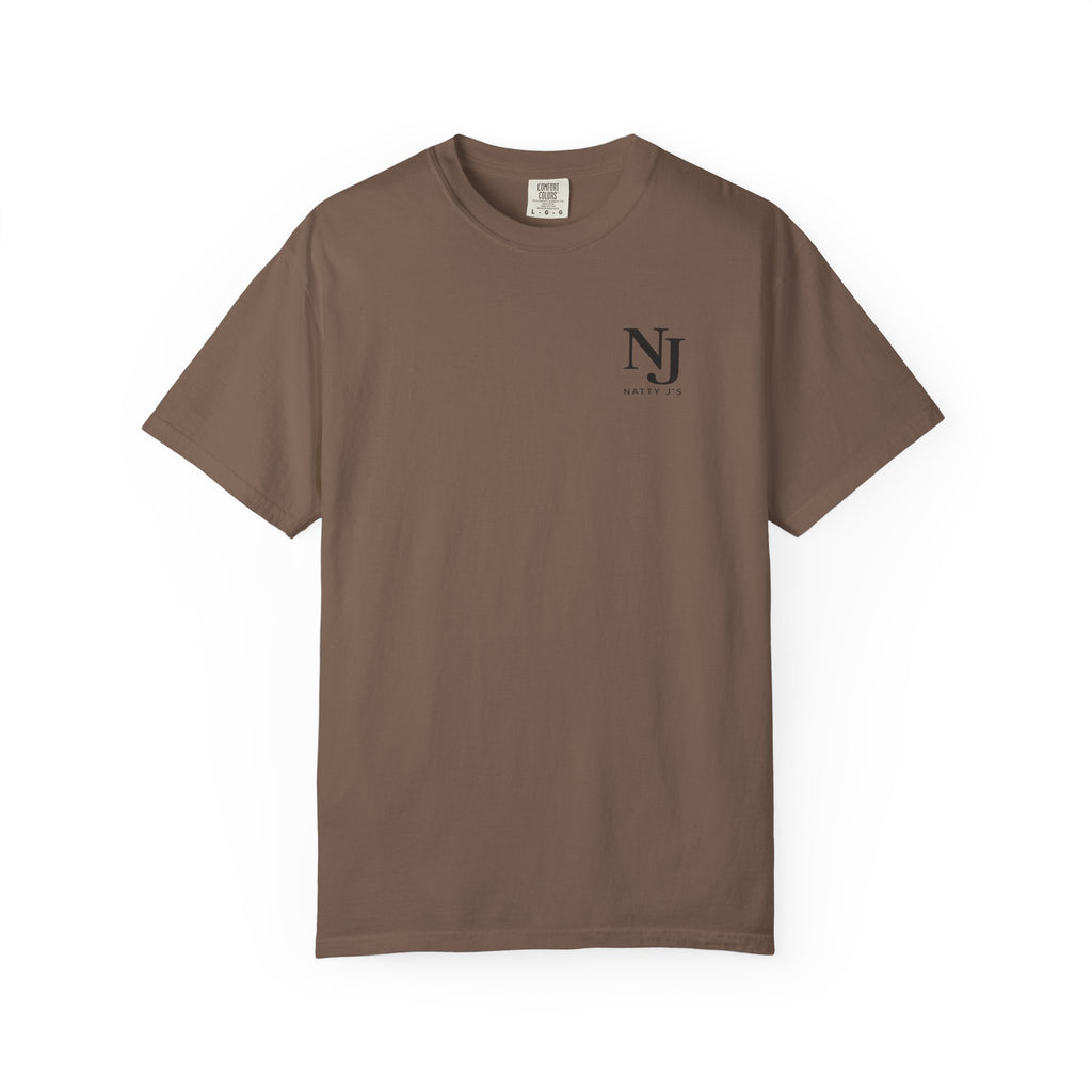Brown (Expresso) t-shirt with a black 'NJ NattyJ's'  Left Chest on a white background