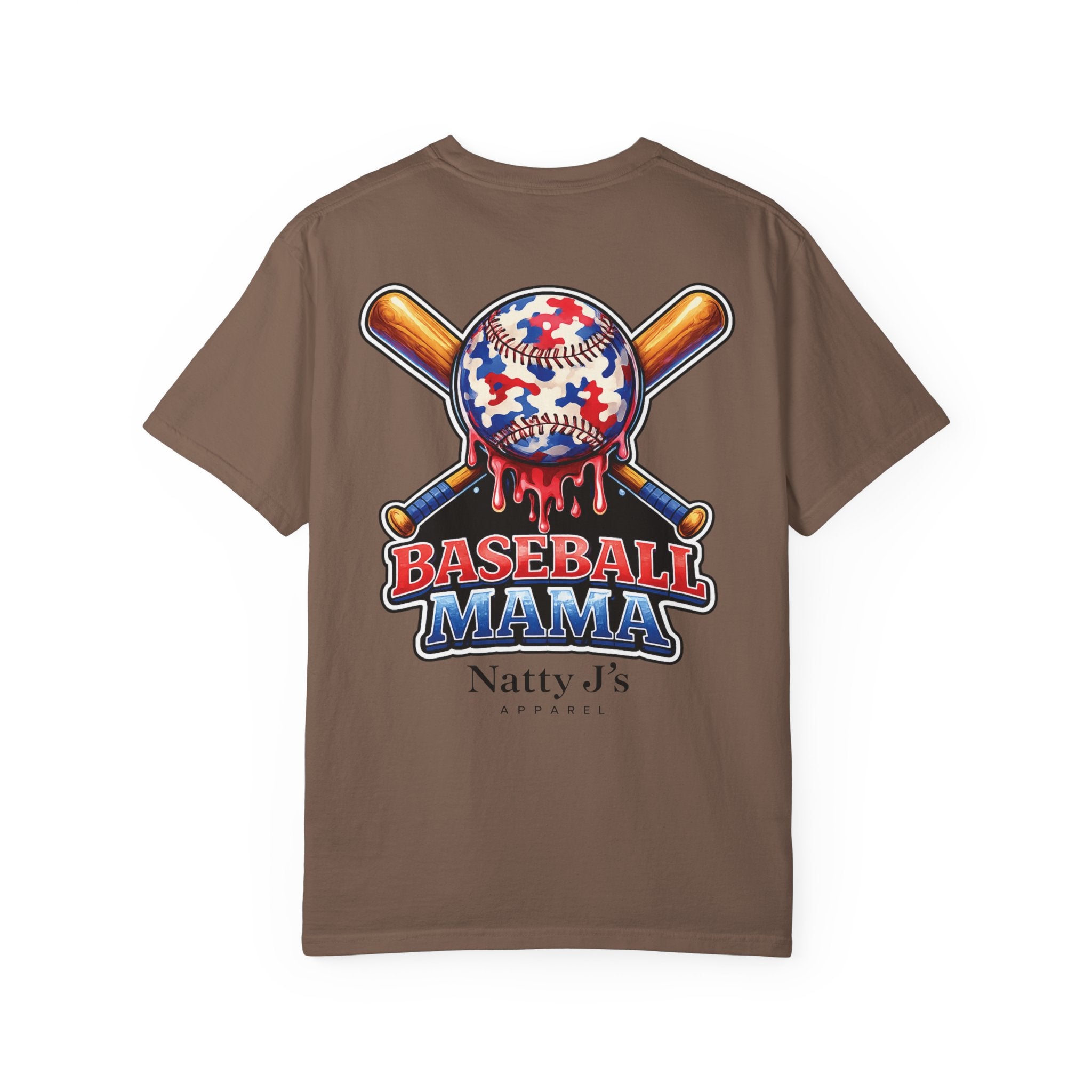 Brown (Expresso) patriotic baseball mama shirt with red white blue baseball and crossed bats on cream t-shirt
womens baseball mom shirt with patriotic graphic and dripping baseball design
baseball mama graphic tee for women with american flag colors
game day shirt for baseball moms with bold red white blue design
sports mom shirt with baseball and bat graphic for tournament season Featuring NattyJ's Apparel