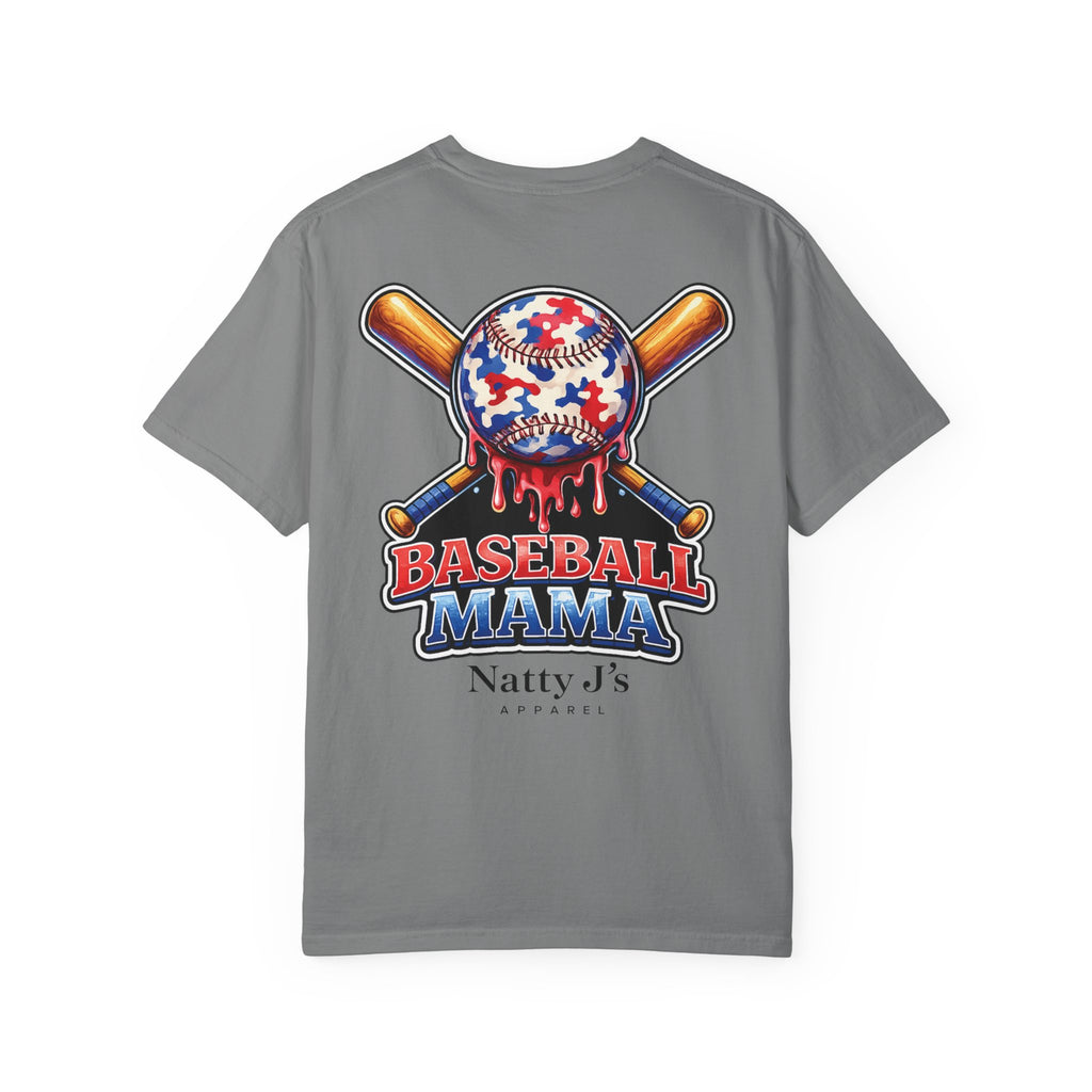 Grey patriotic baseball mama shirt with red white blue baseball and crossed bats on cream t-shirt
womens baseball mom shirt with patriotic graphic and dripping baseball design
baseball mama graphic tee for women with american flag colors
game day shirt for baseball moms with bold red white blue design
sports mom shirt with baseball and bat graphic for tournament season Featuring NattyJ's Apparel