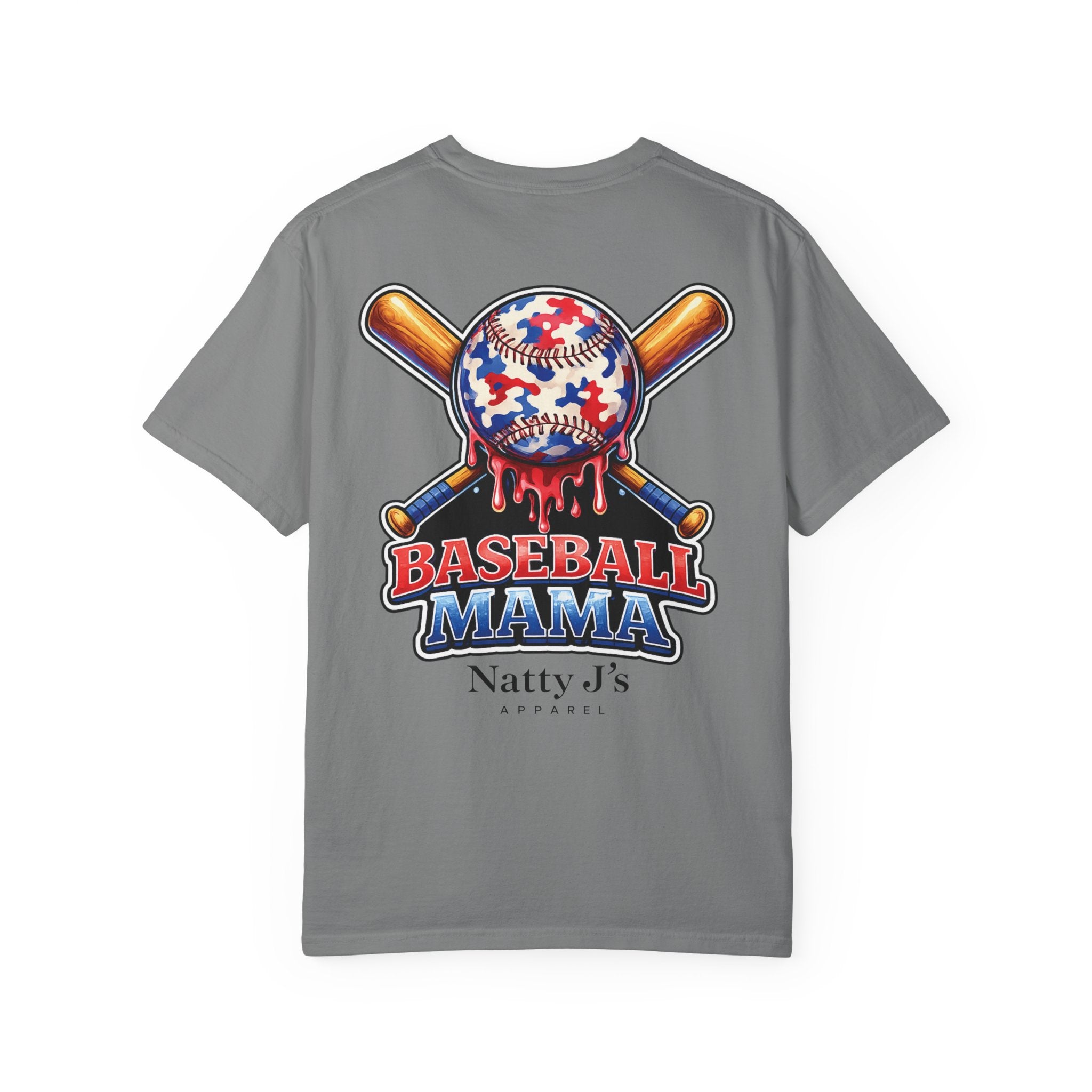 Grey patriotic baseball mama shirt with red white blue baseball and crossed bats on cream t-shirt
womens baseball mom shirt with patriotic graphic and dripping baseball design
baseball mama graphic tee for women with american flag colors
game day shirt for baseball moms with bold red white blue design
sports mom shirt with baseball and bat graphic for tournament season Featuring NattyJ's Apparel