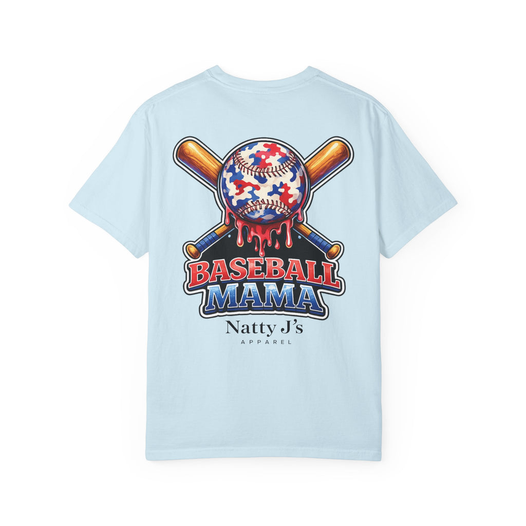 Light Blue (Chambray) patriotic baseball mama shirt with red white blue baseball and crossed bats on cream t-shirt
womens baseball mom shirt with patriotic graphic and dripping baseball design
baseball mama graphic tee for women with american flag colors
game day shirt for baseball moms with bold red white blue design
sports mom shirt with baseball and bat graphic for tournament season Featuring NattyJ's Apparel